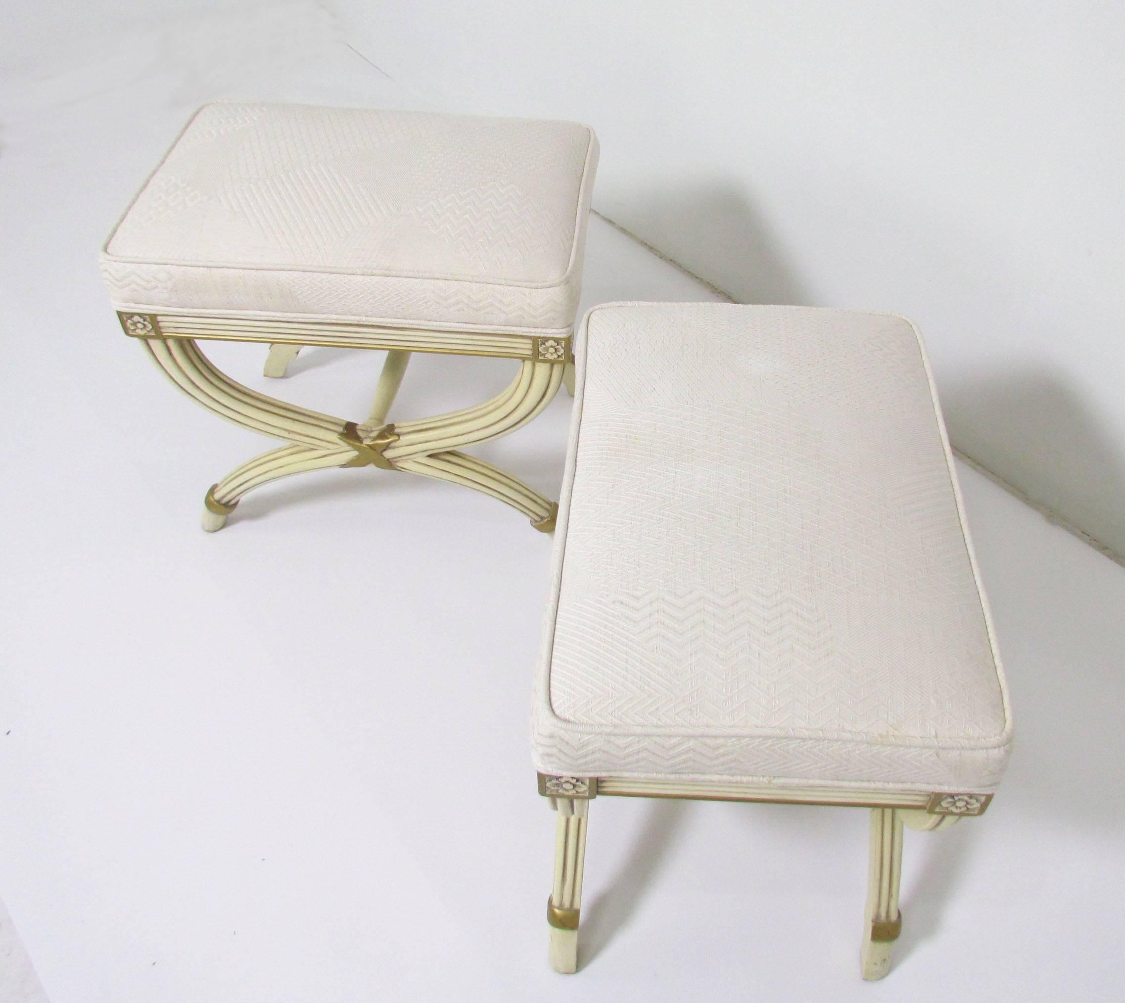Upholstery Pair of Hollywood Regency Style X-Base Stools by Karges Furniture
