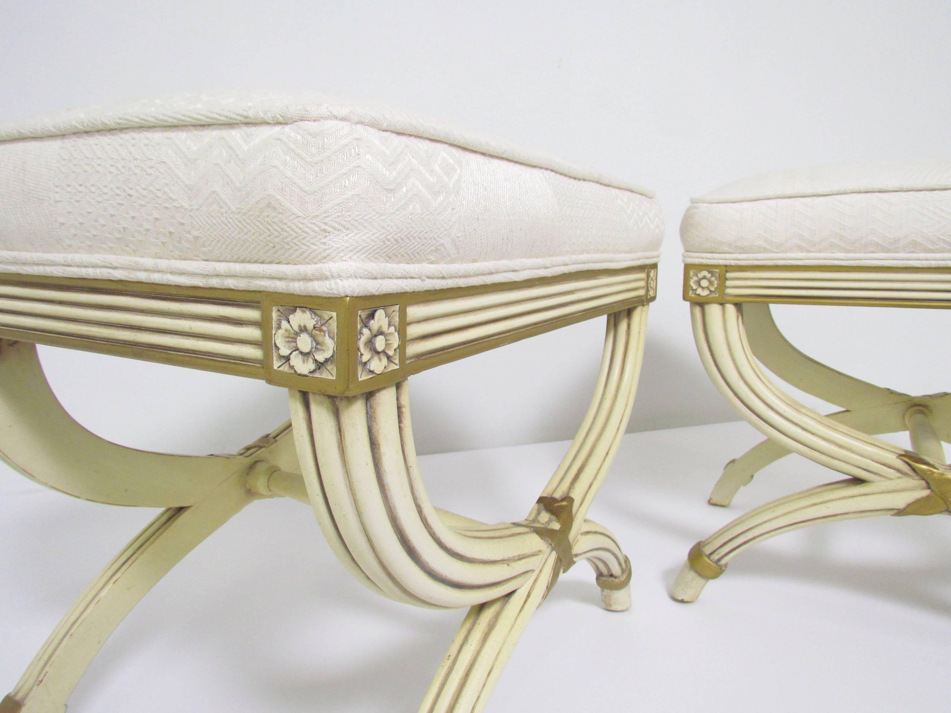 American Pair of Hollywood Regency Style X-Base Stools by Karges Furniture