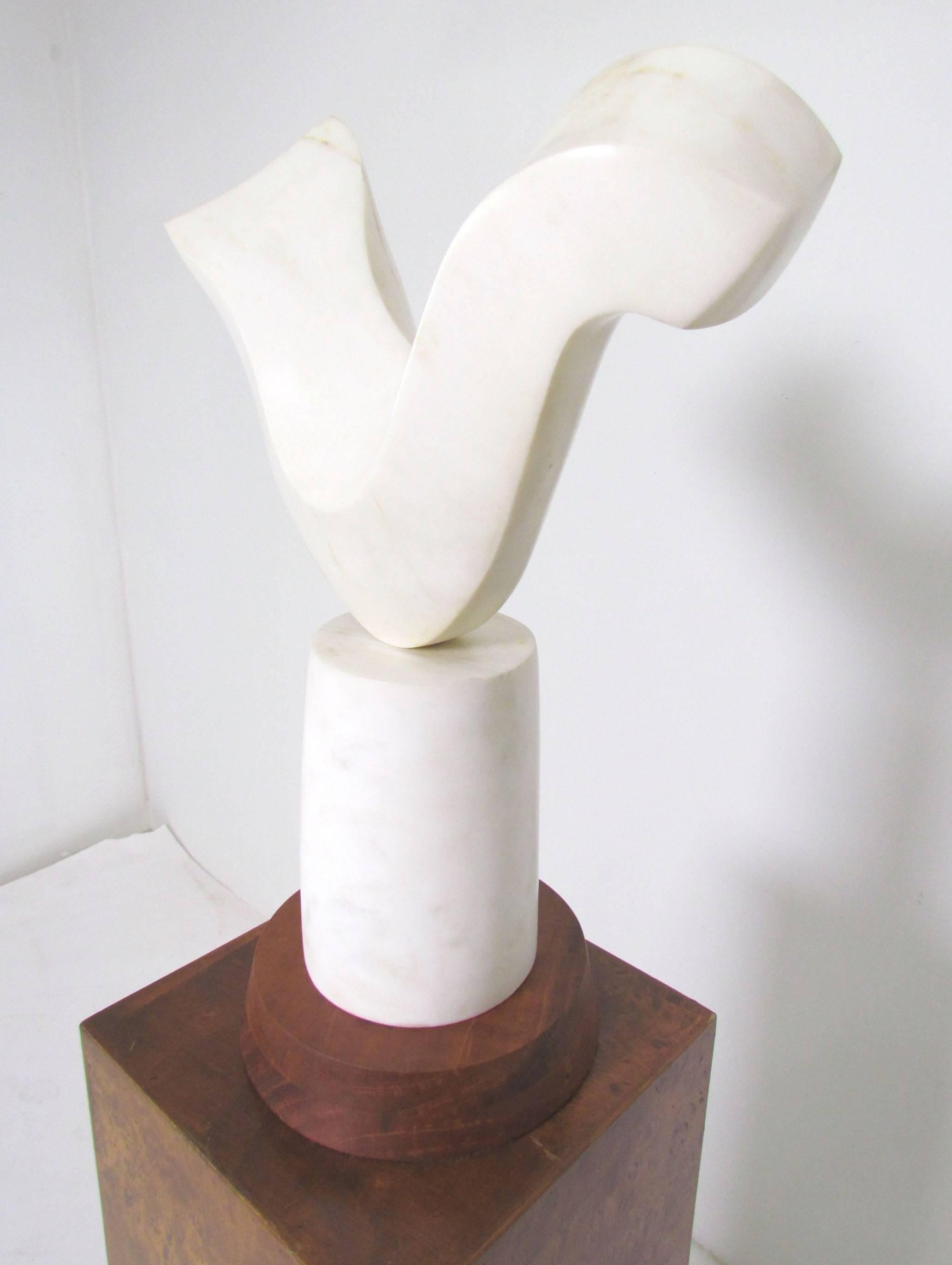 Mid-Century Modern Abstract Marble Sculpture Signed M. Sokell, Dated 1969, with Burl Pedestal