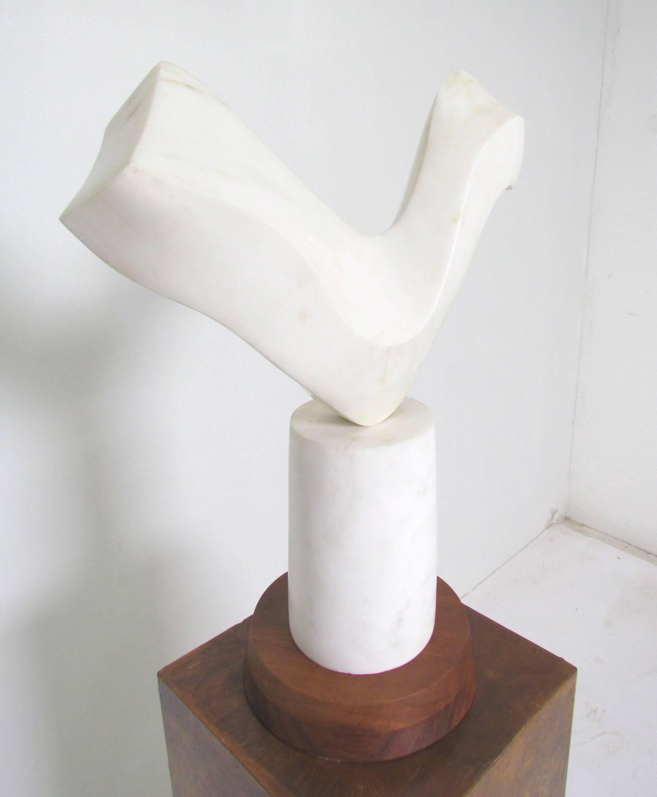 American Abstract Marble Sculpture Signed M. Sokell, Dated 1969, with Burl Pedestal