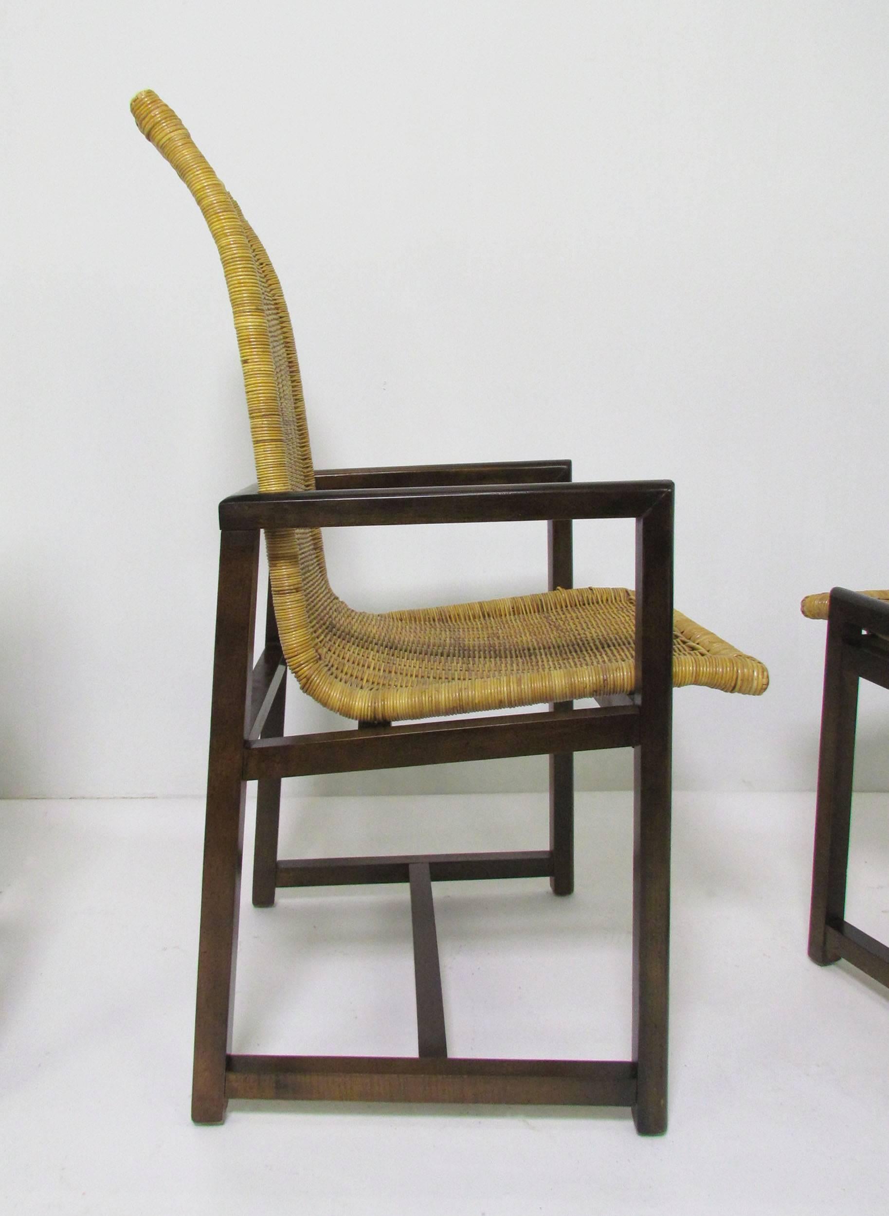 Set of Six Mid-Century Walnut and Rattan Dining Chairs, circa 1970s In Good Condition In Peabody, MA