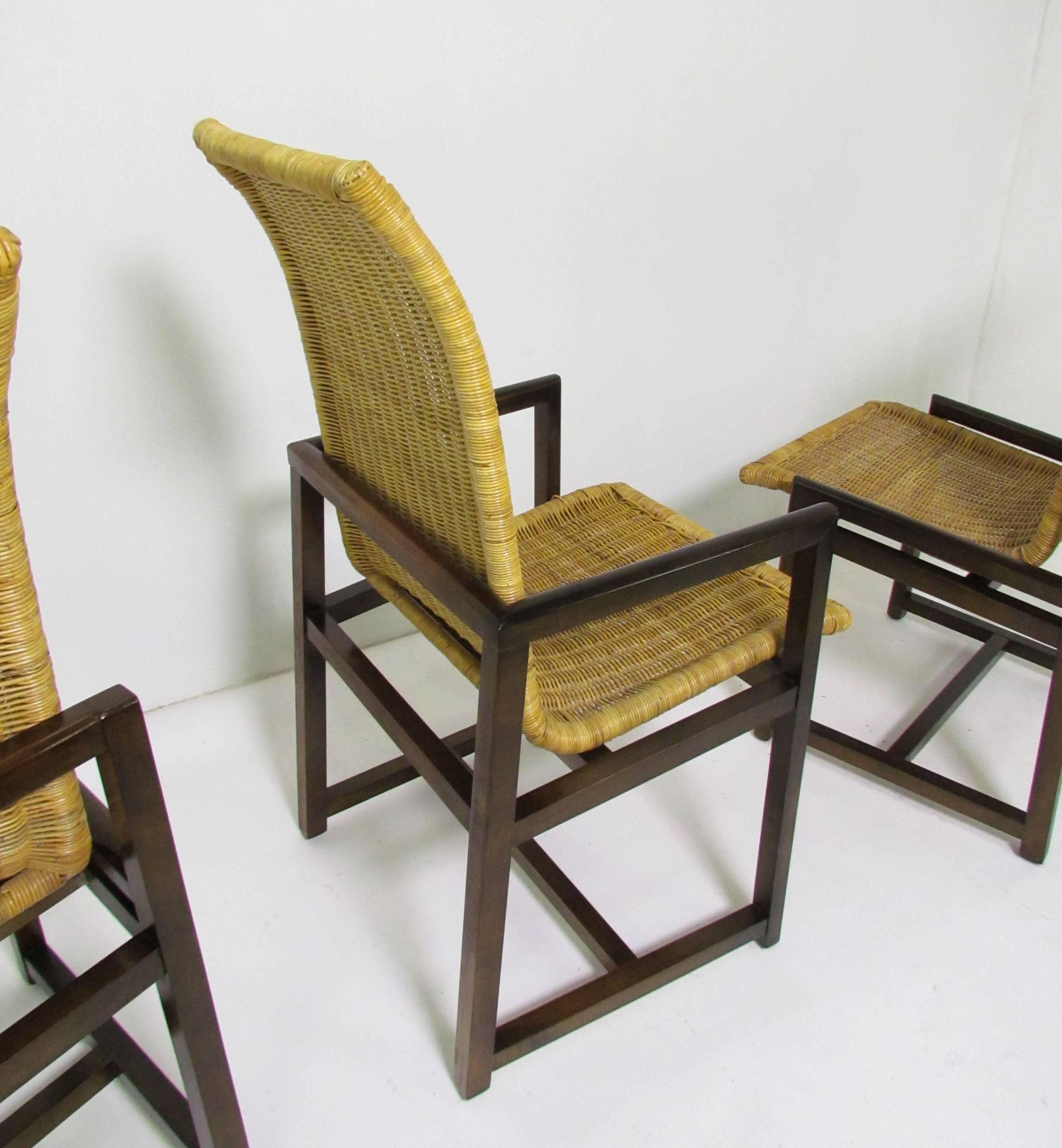 Set of Six Mid-Century Walnut and Rattan Dining Chairs, circa 1970s 1