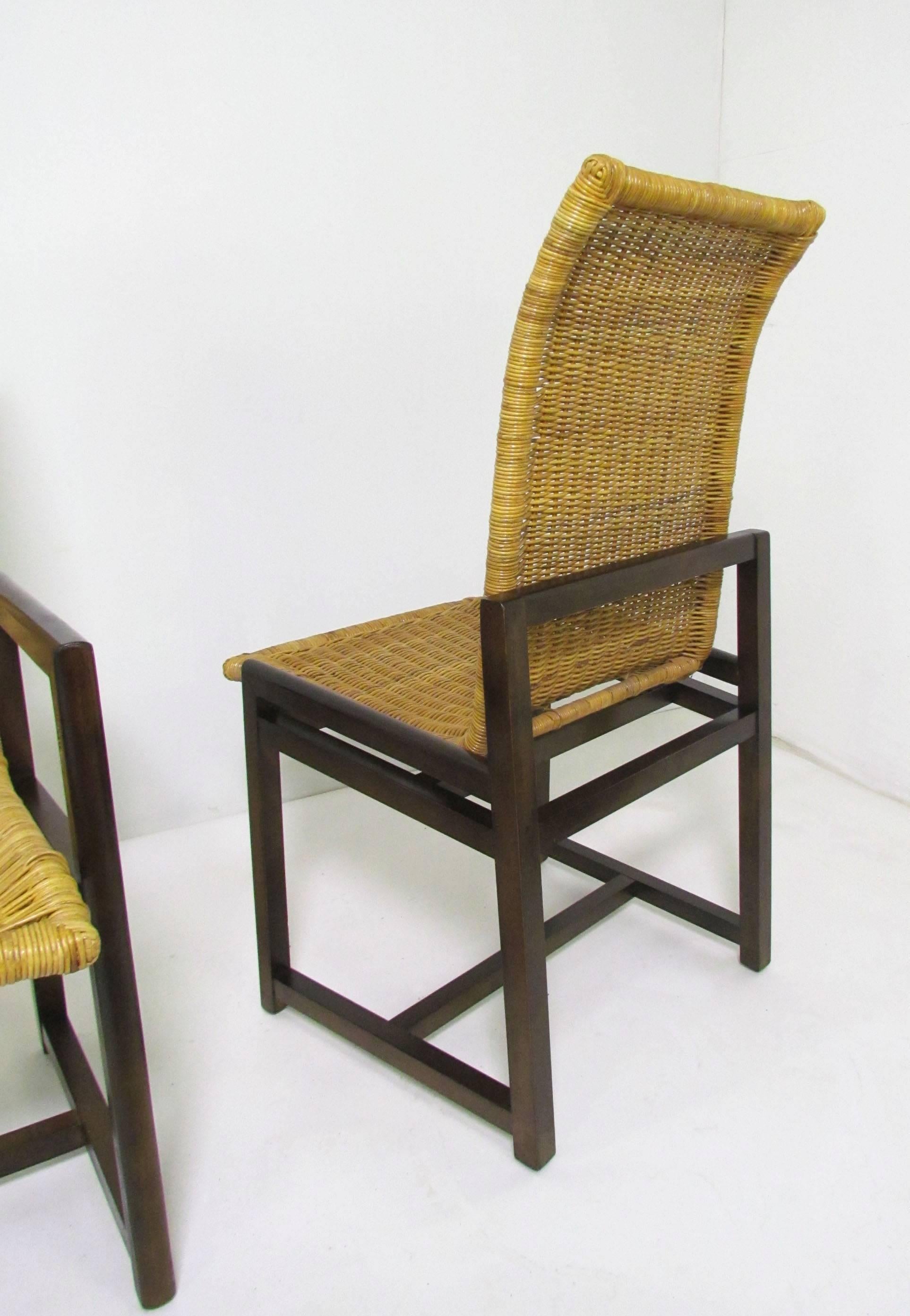 Mid-Century Modern Set of Six Mid-Century Walnut and Rattan Dining Chairs, circa 1970s