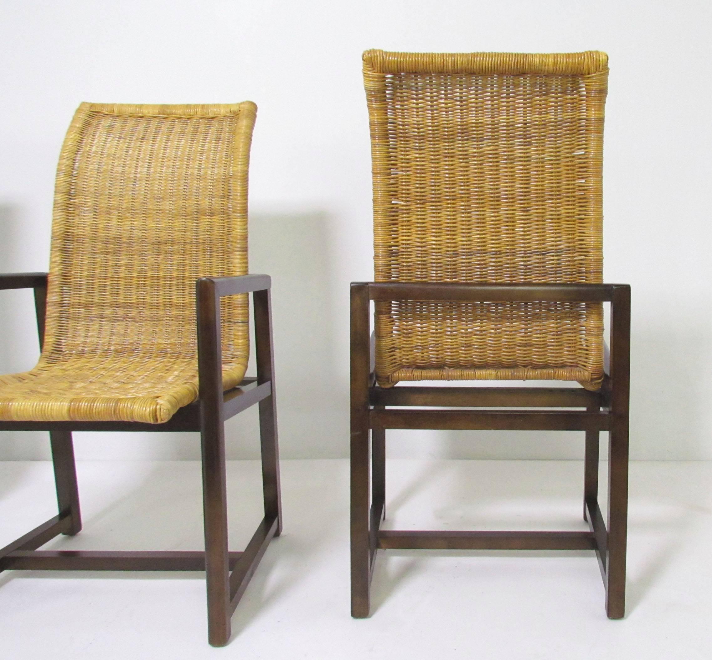 American Set of Six Mid-Century Walnut and Rattan Dining Chairs, circa 1970s