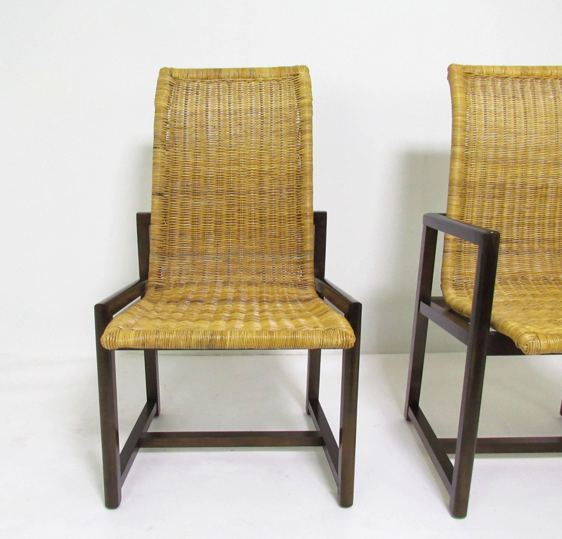 Late 20th Century Set of Six Mid-Century Walnut and Rattan Dining Chairs, circa 1970s