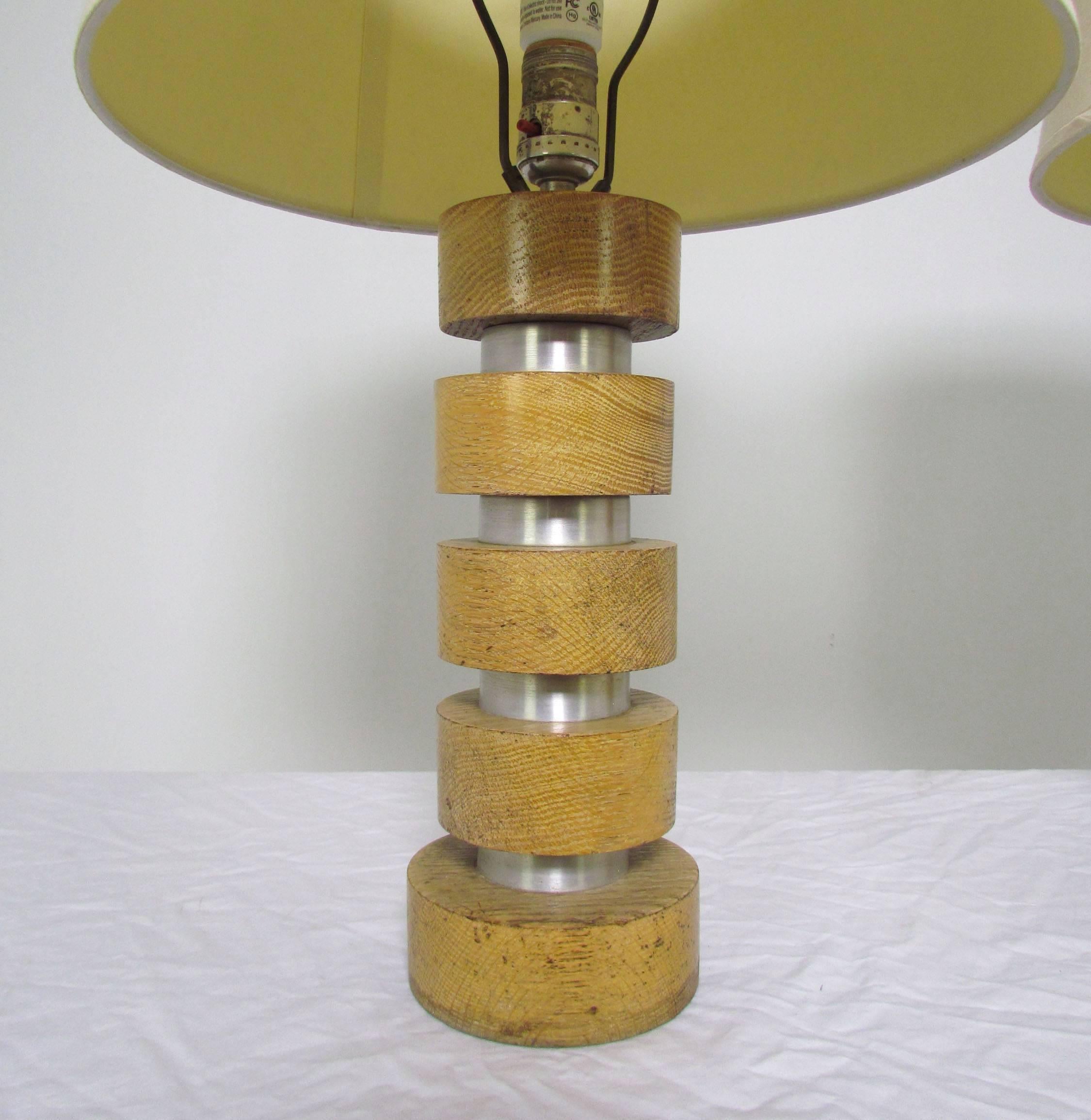 Mid-Century Modern Pair of Spun Aluminum and Maple Table Lamps by Russel Wright