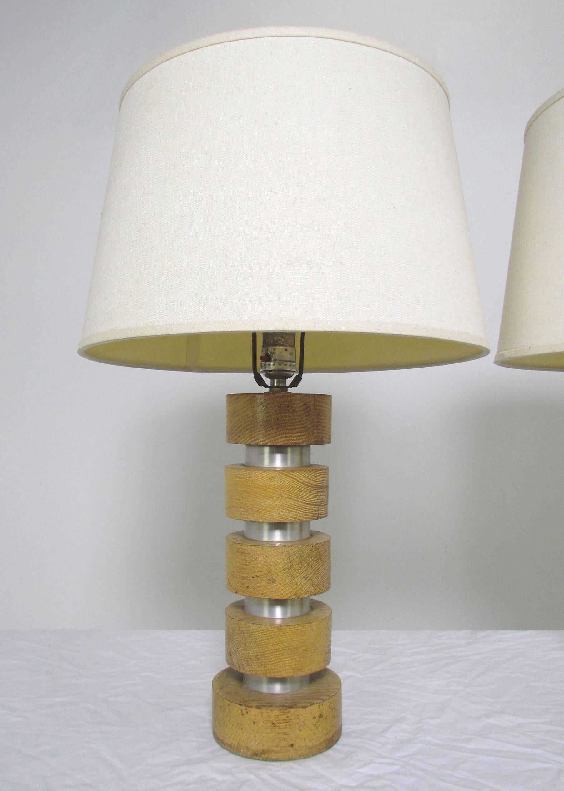 American Pair of Spun Aluminum and Maple Table Lamps by Russel Wright