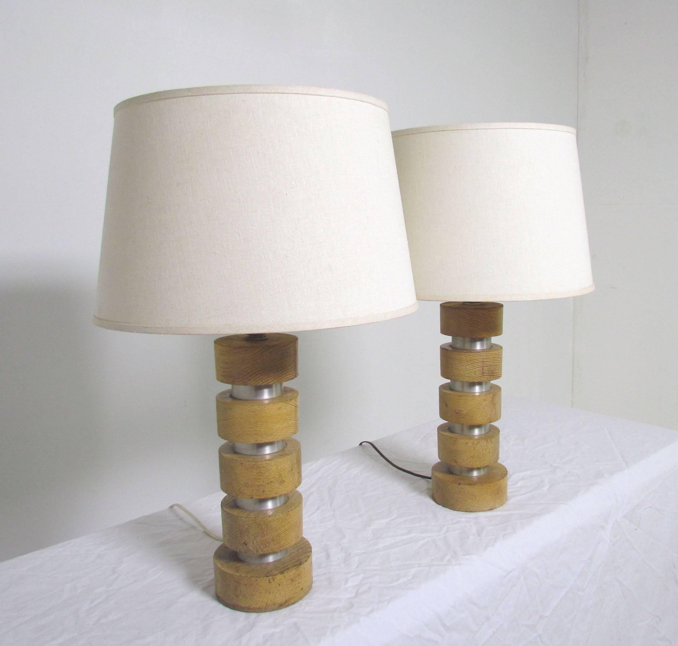 Pair of Spun Aluminum and Maple Table Lamps by Russel Wright In Good Condition In Peabody, MA