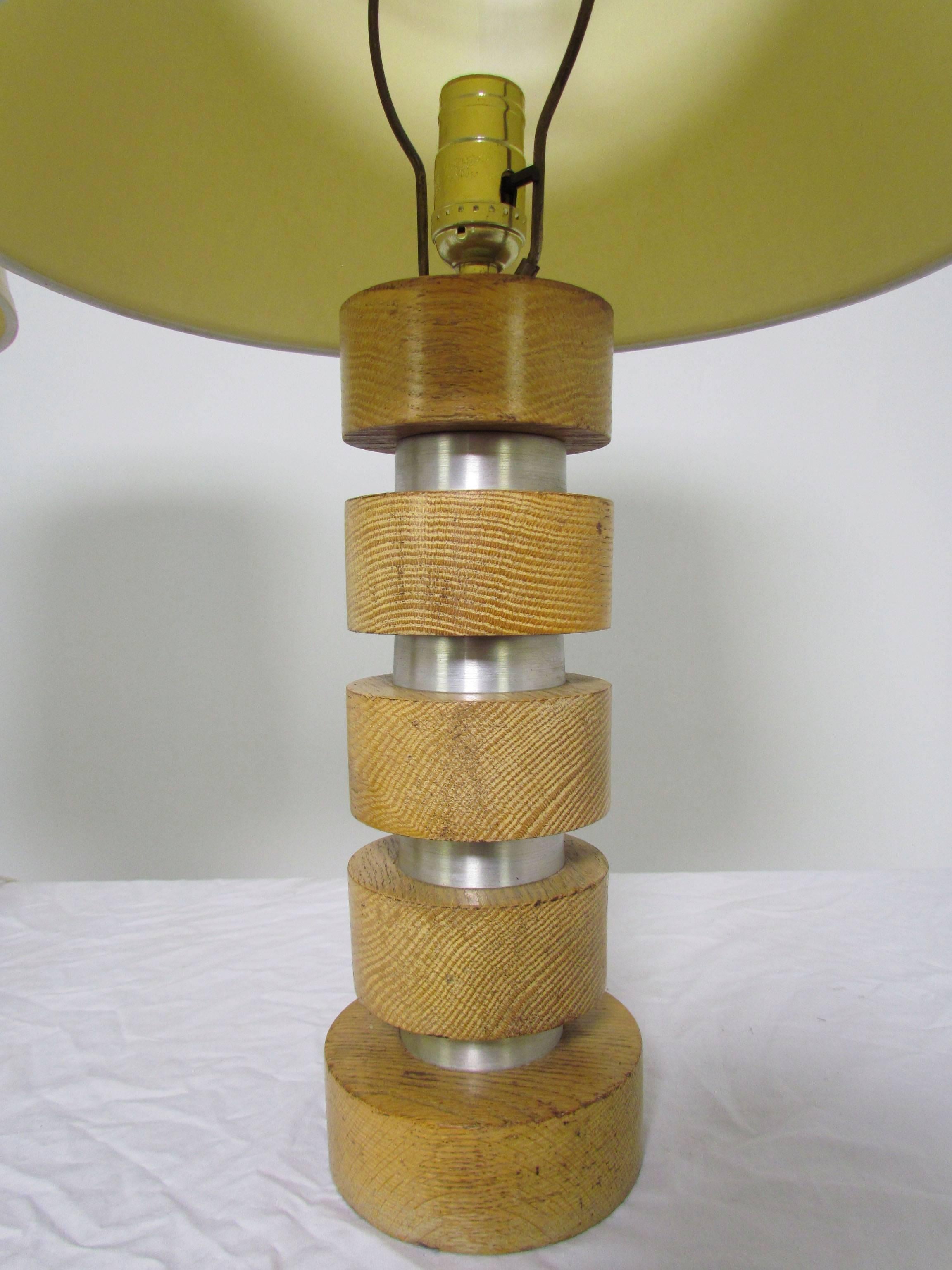 Pair of machine age table lamps in maple alternating with spun aluminum spacers by Russel Wright, circa 1950s. Shades are not included, shown for scale only.

Bases are 5