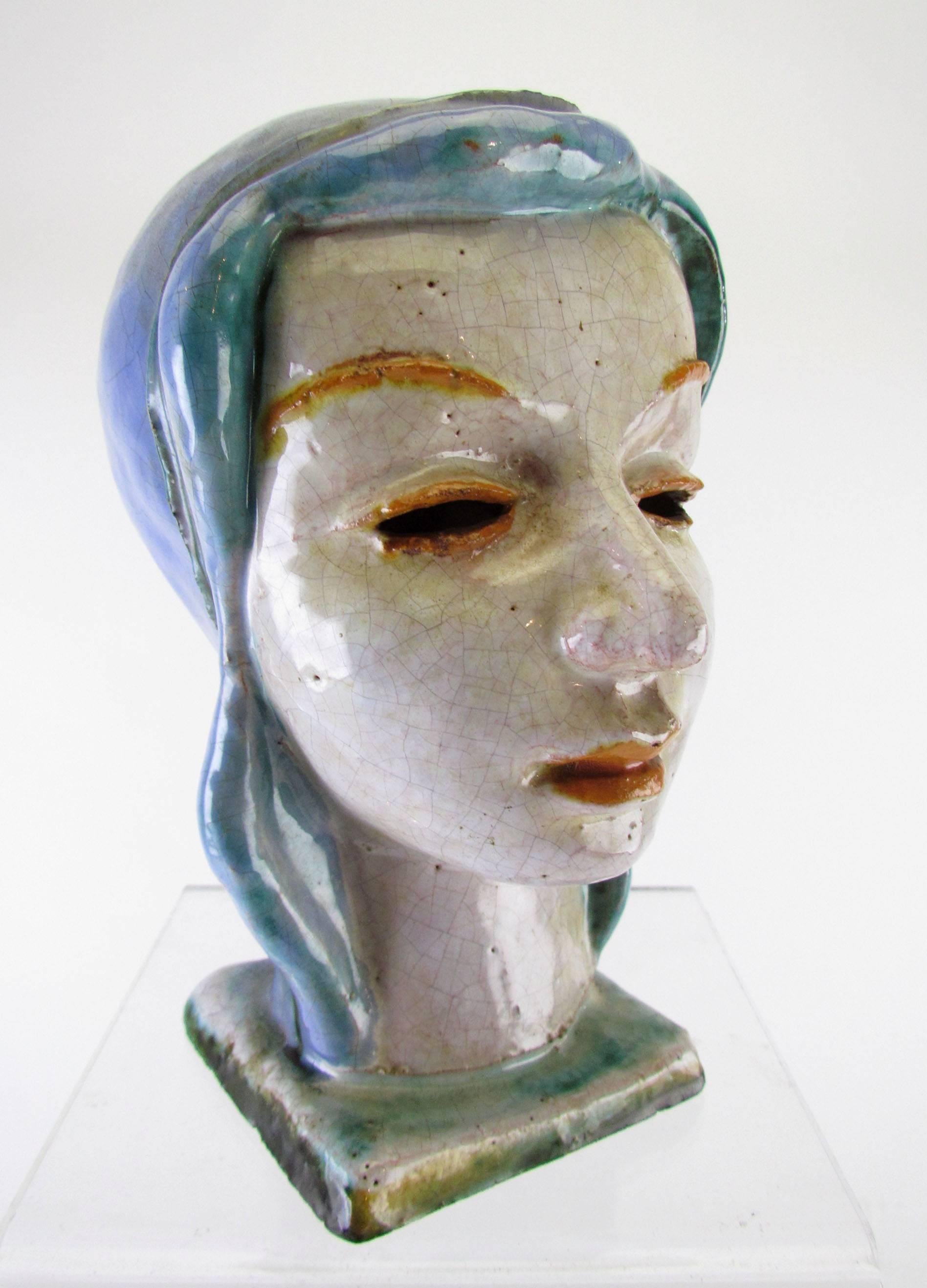 Glazed Head of a Woman Sculpture, Wiener Werkstatte Style, Made in Austria, circa 1920s