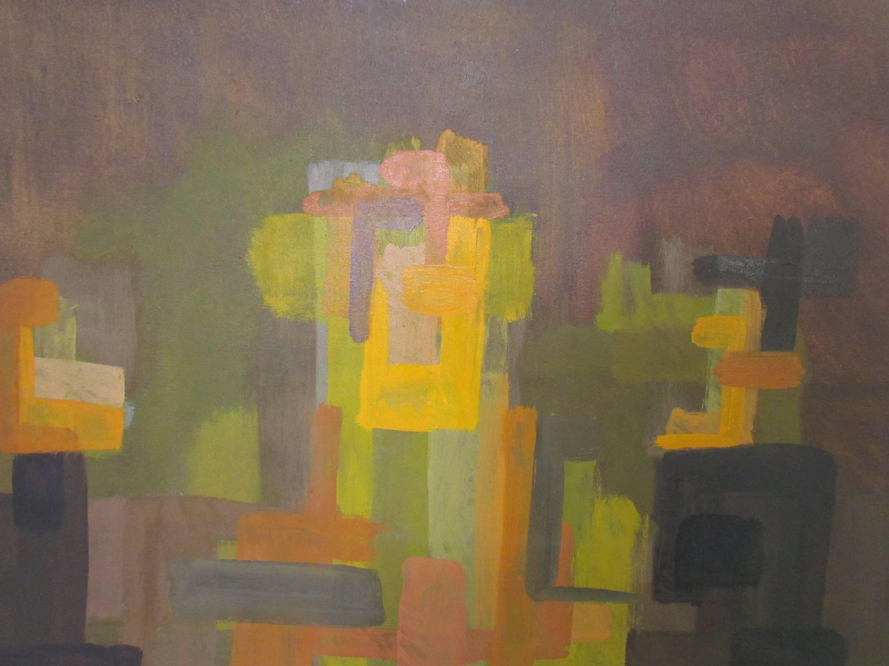 Mid-Century Modern Abstract Symbolist Oil Painting by Harold Mesibov, Dated 1953