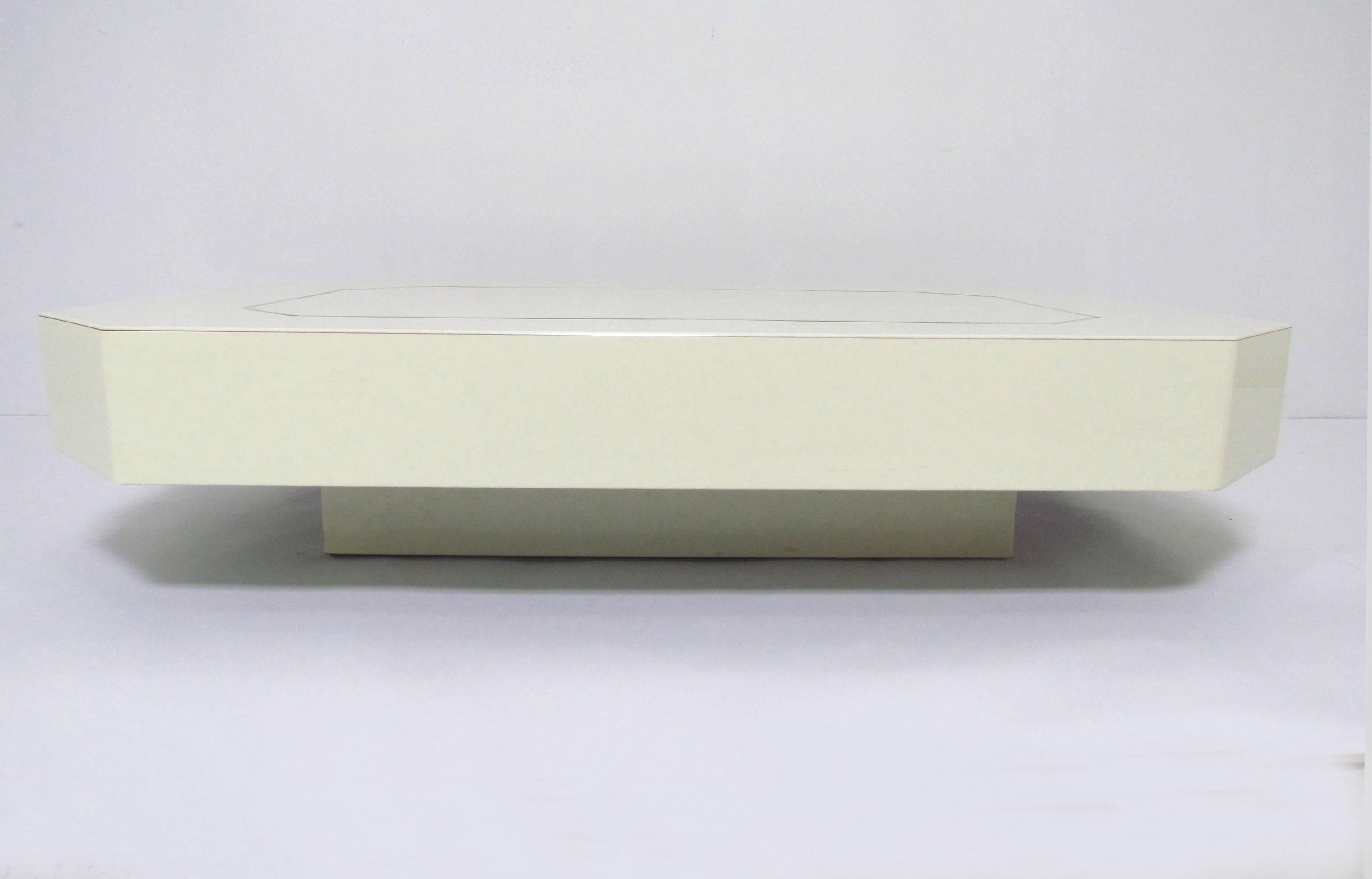 Low Floating Coffee Table in Acrylic with Brass Trim, circa 1970s In Good Condition For Sale In Peabody, MA