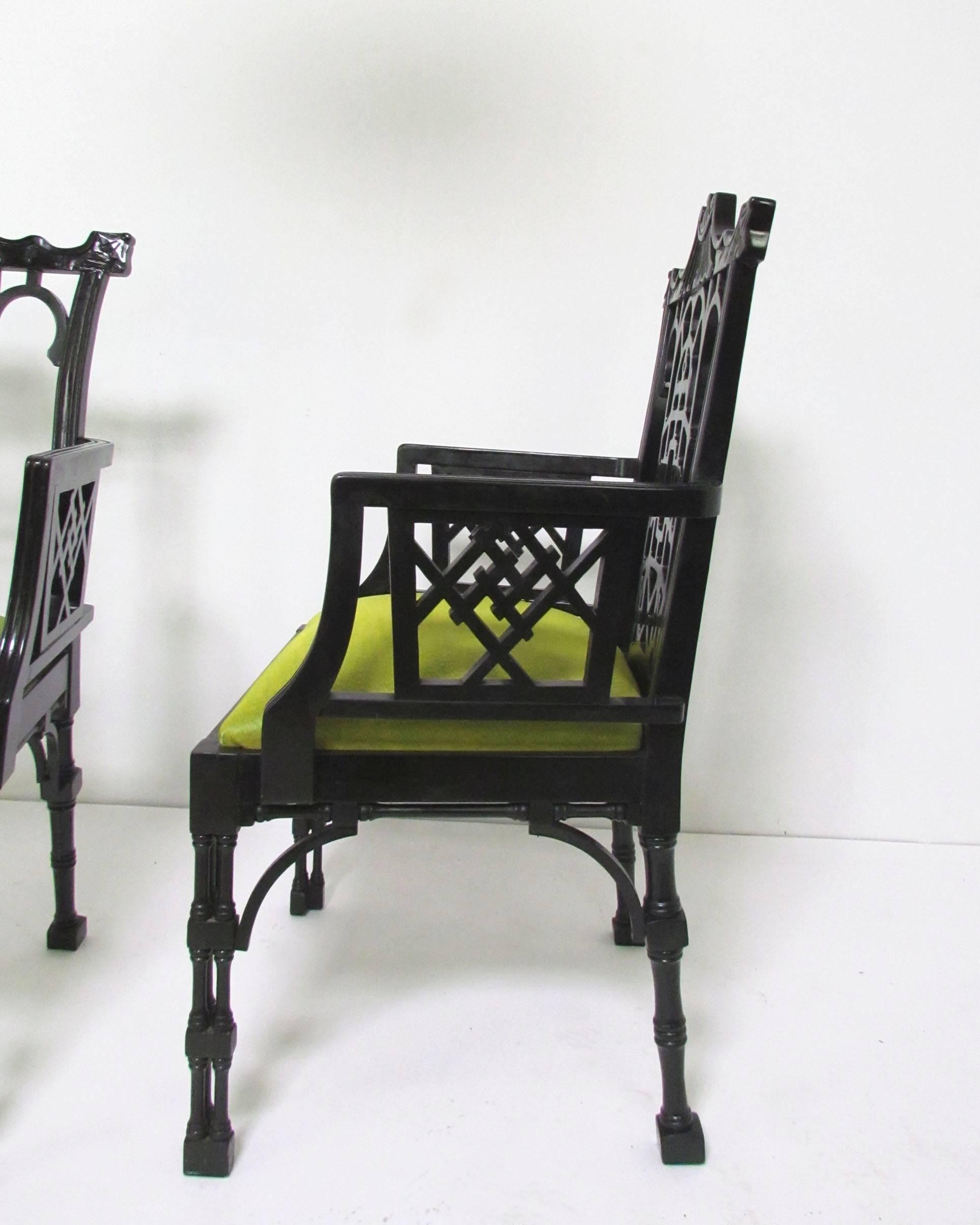 Pair of Chinese Chippendale Carved Fretwork Armchairs In Good Condition In Peabody, MA