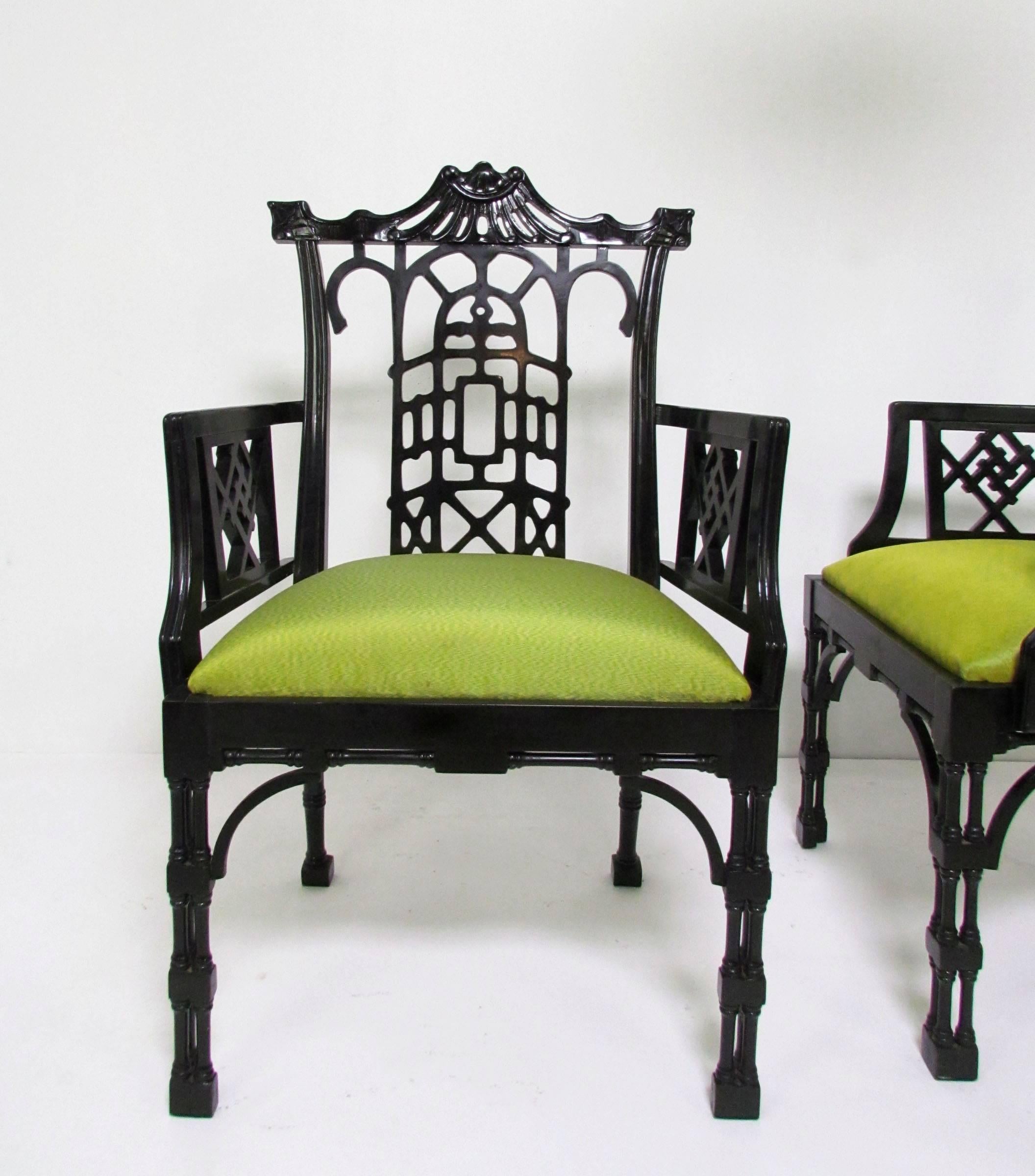 Late 20th Century Pair of Chinese Chippendale Carved Fretwork Armchairs