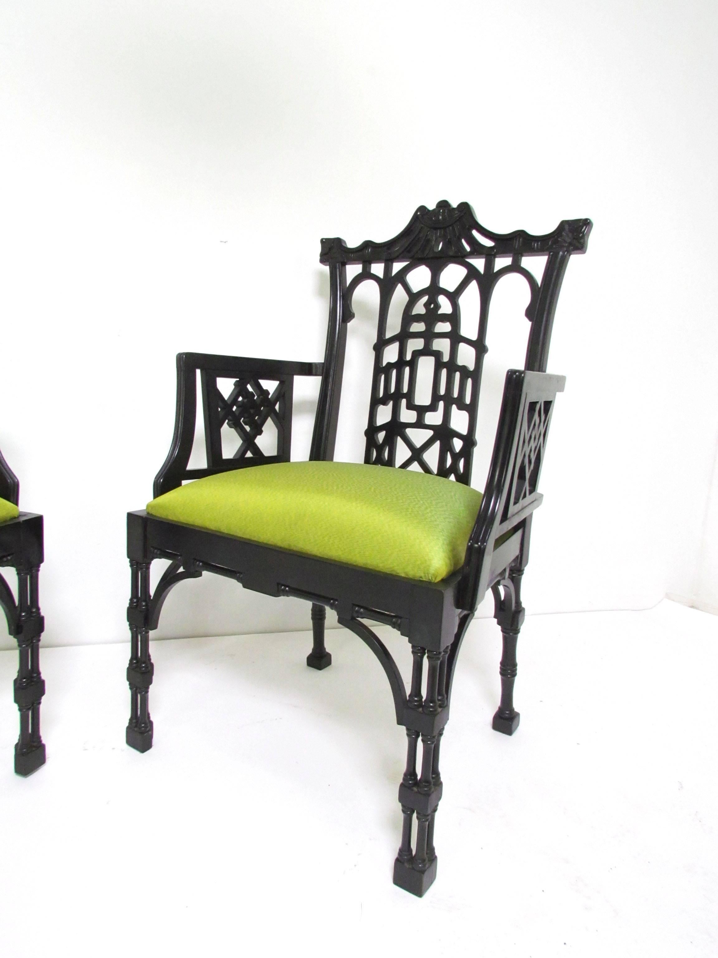 American Pair of Chinese Chippendale Carved Fretwork Armchairs