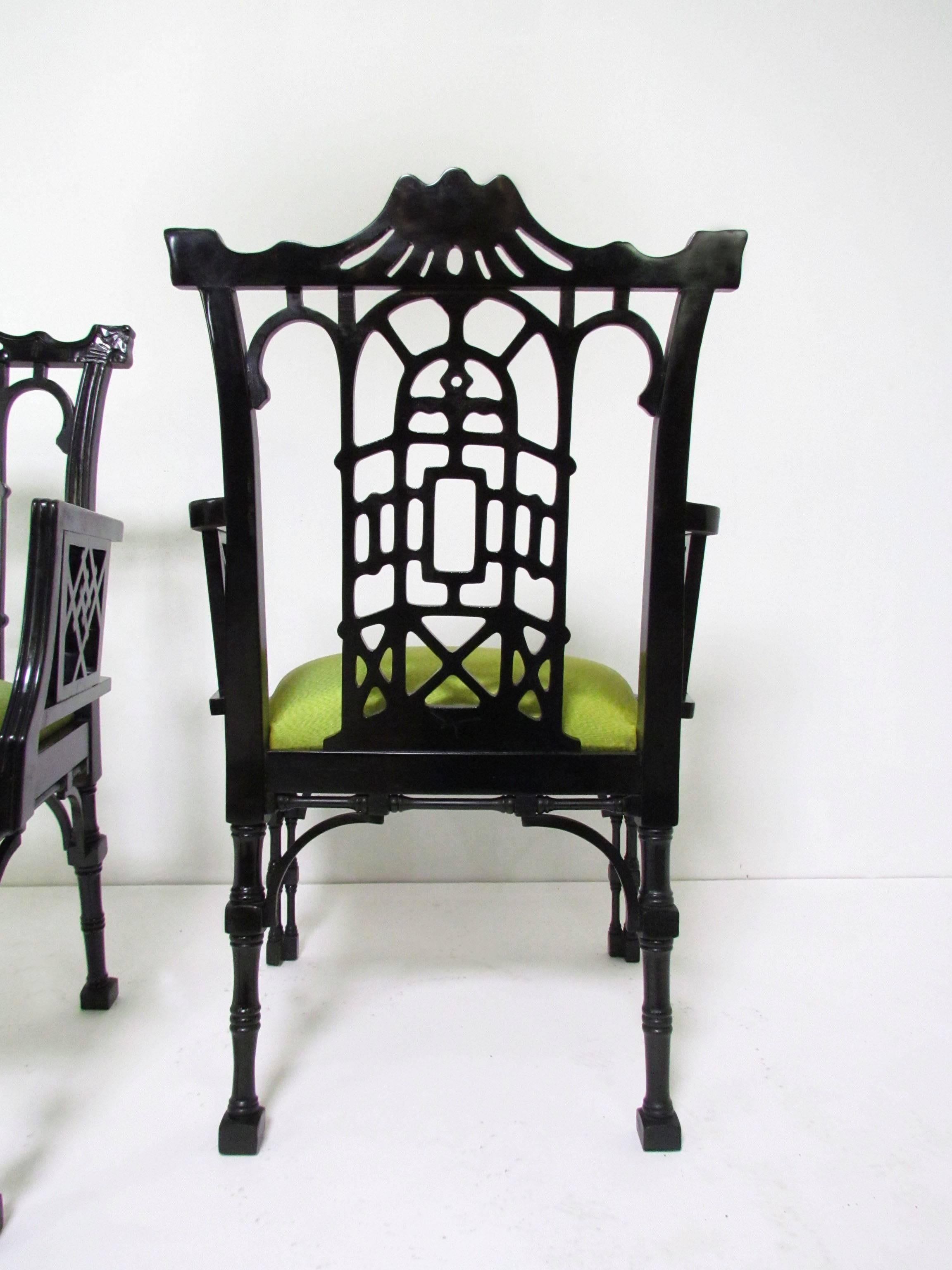 Lacquered Pair of Chinese Chippendale Carved Fretwork Armchairs