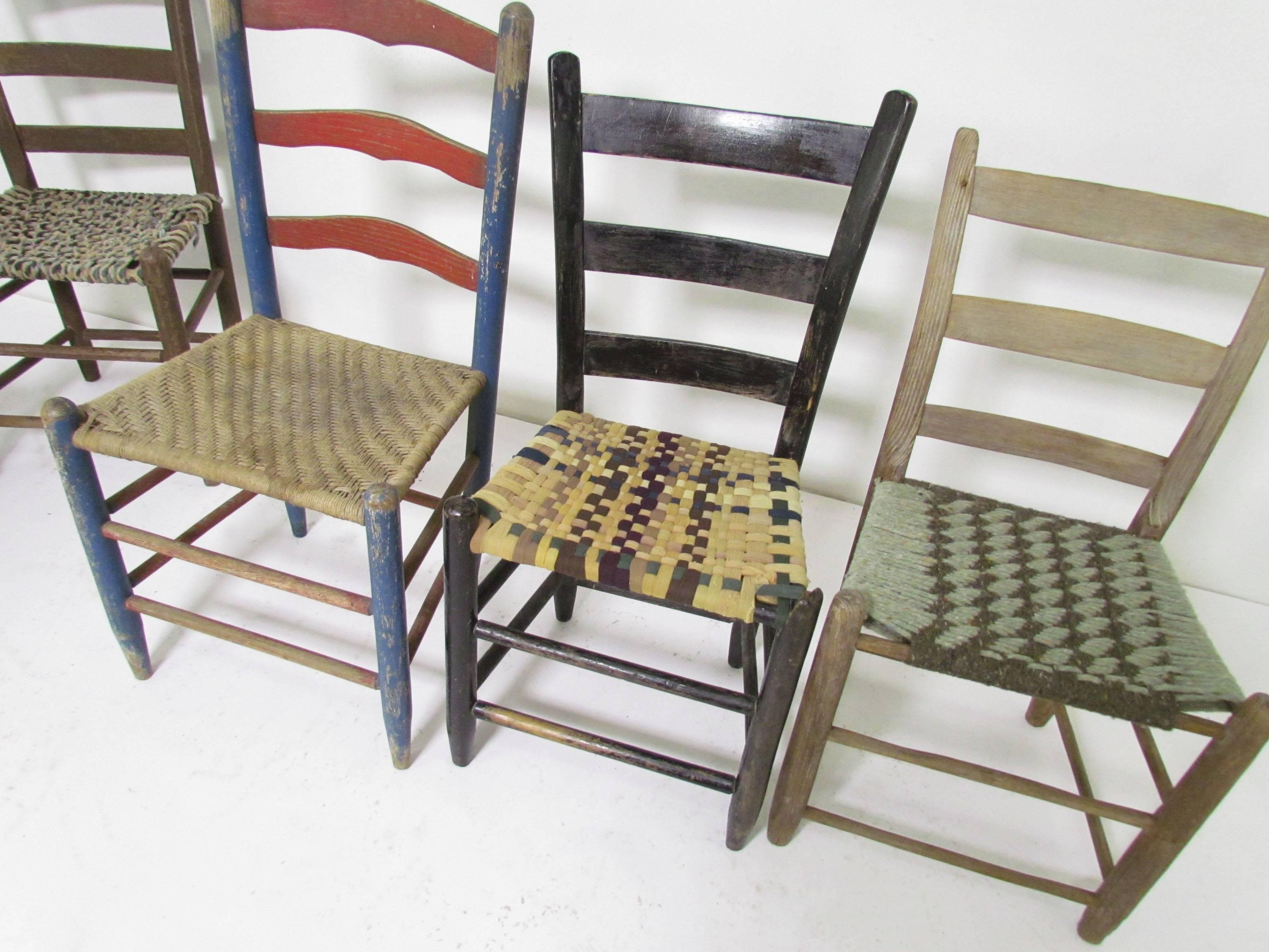 19th Century Antique Primitive Folk Art Chair Collection, Set of Six