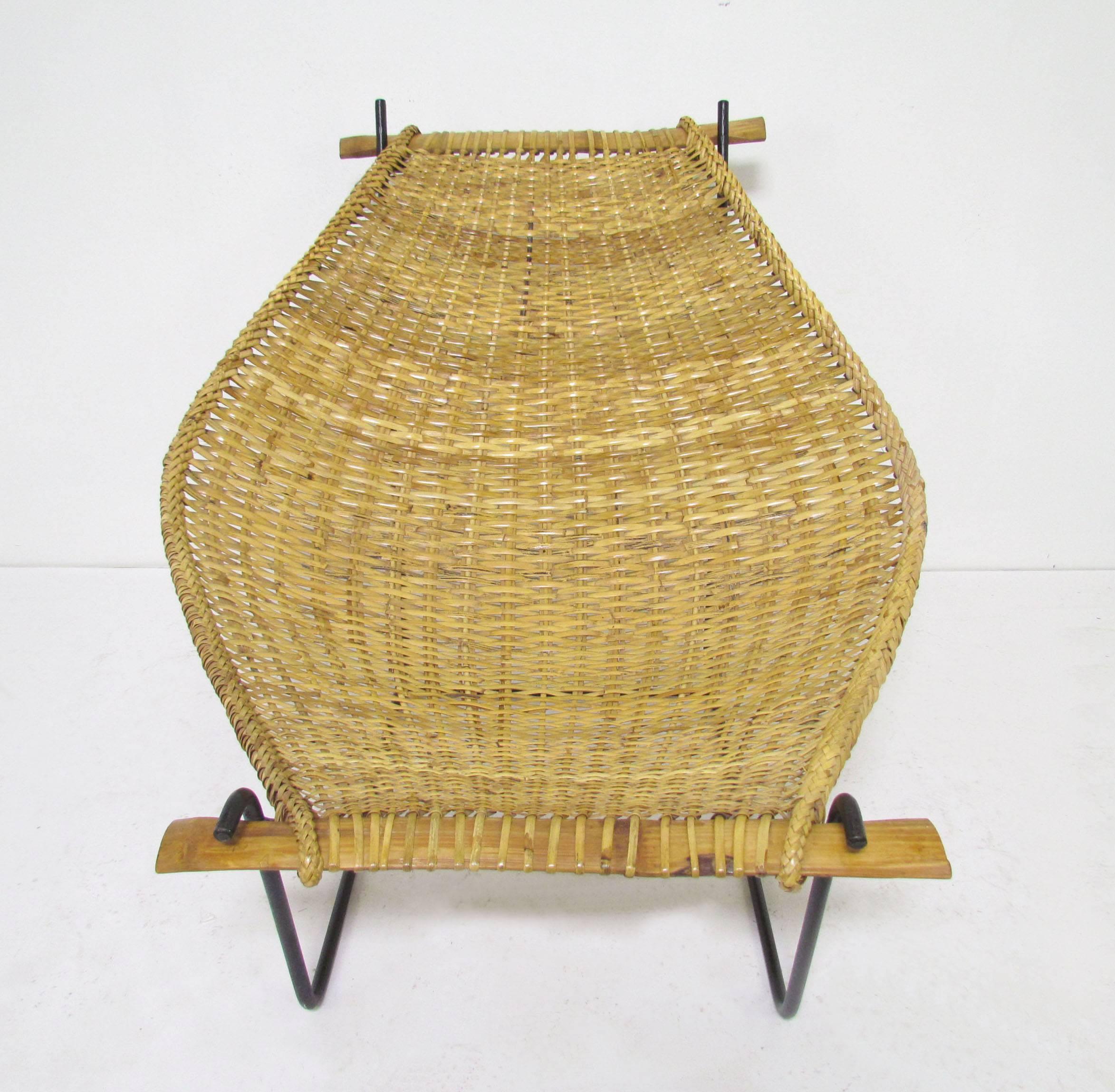 Mid-Century Modern Rattan and Wrought Iron Sling Lounge Chair in Manner of John Risley, circa 1950s
