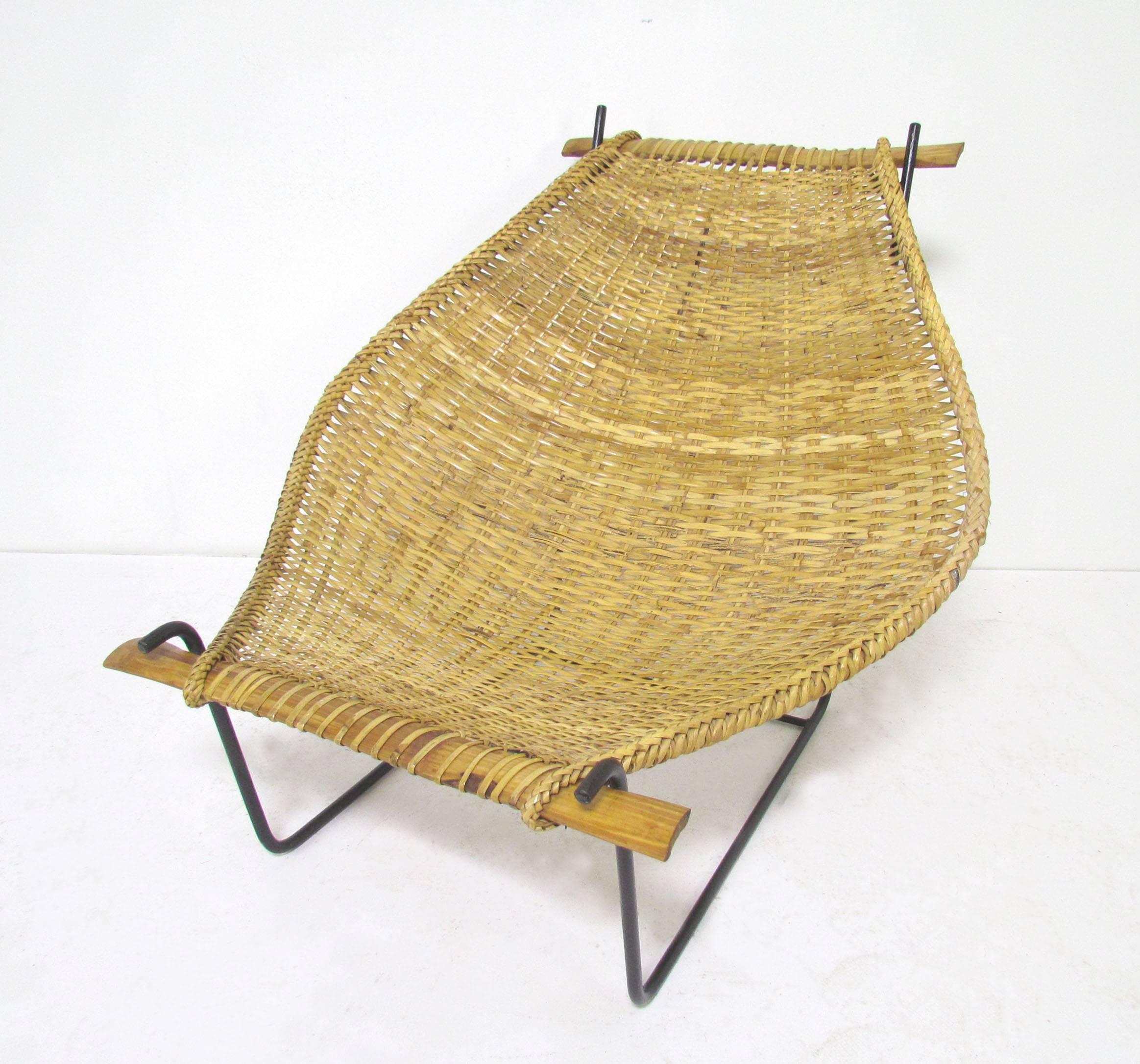 American Rattan and Wrought Iron Sling Lounge Chair in Manner of John Risley, circa 1950s