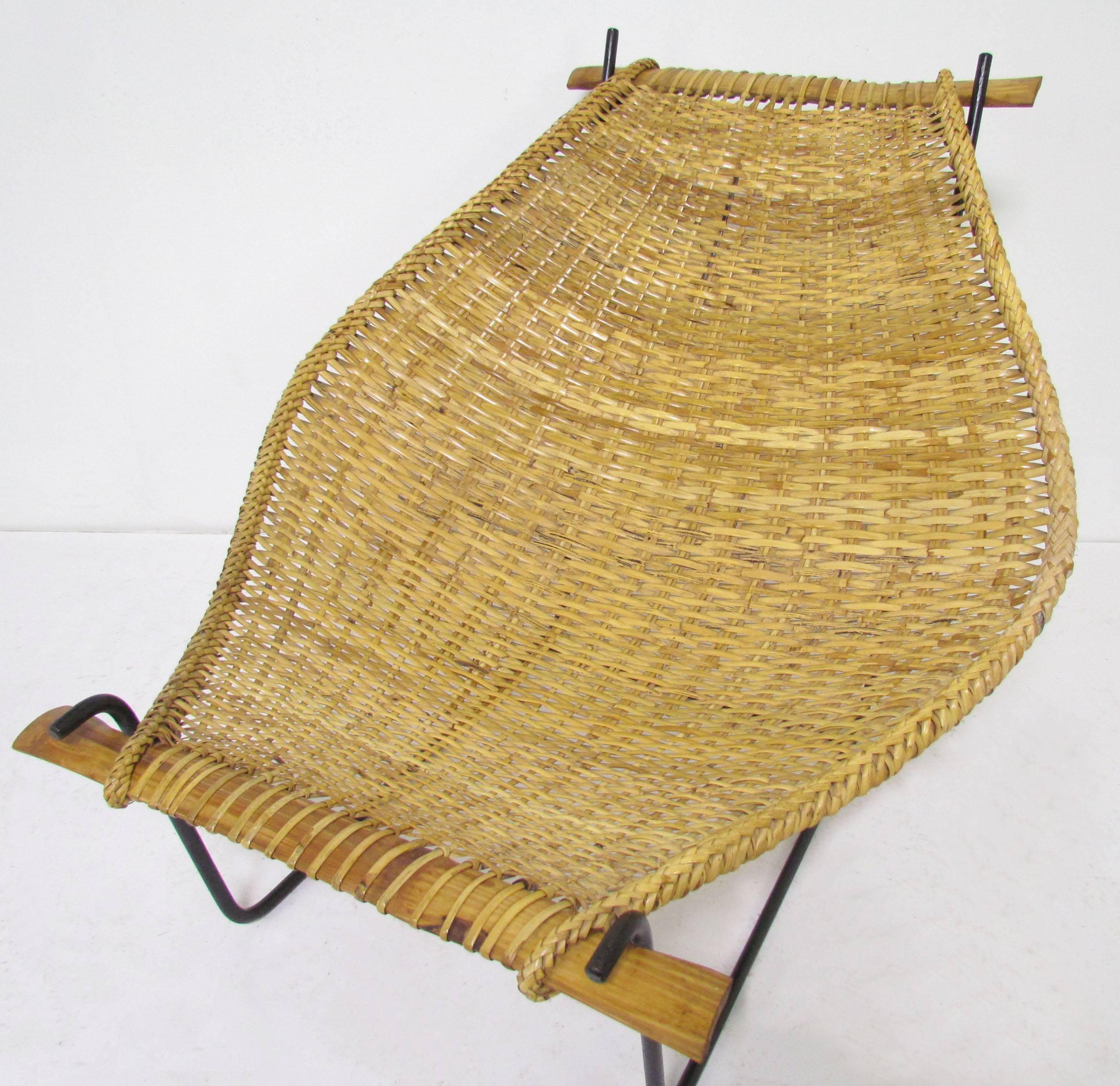 Rattan and Wrought Iron Sling Lounge Chair in Manner of John Risley, circa 1950s In Good Condition In Peabody, MA