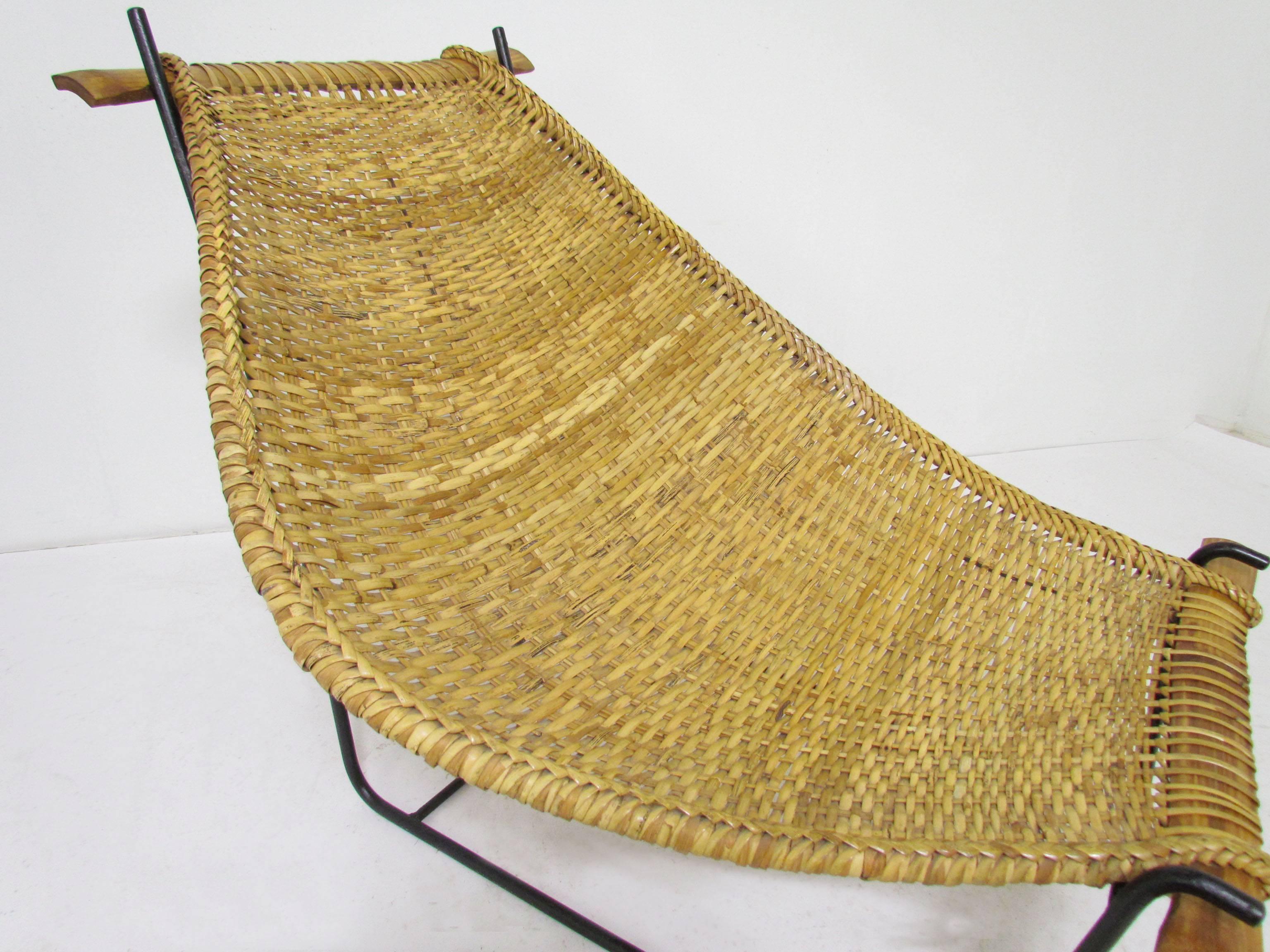 Rattan and Wrought Iron Sling Lounge Chair in Manner of John Risley, circa 1950s 1