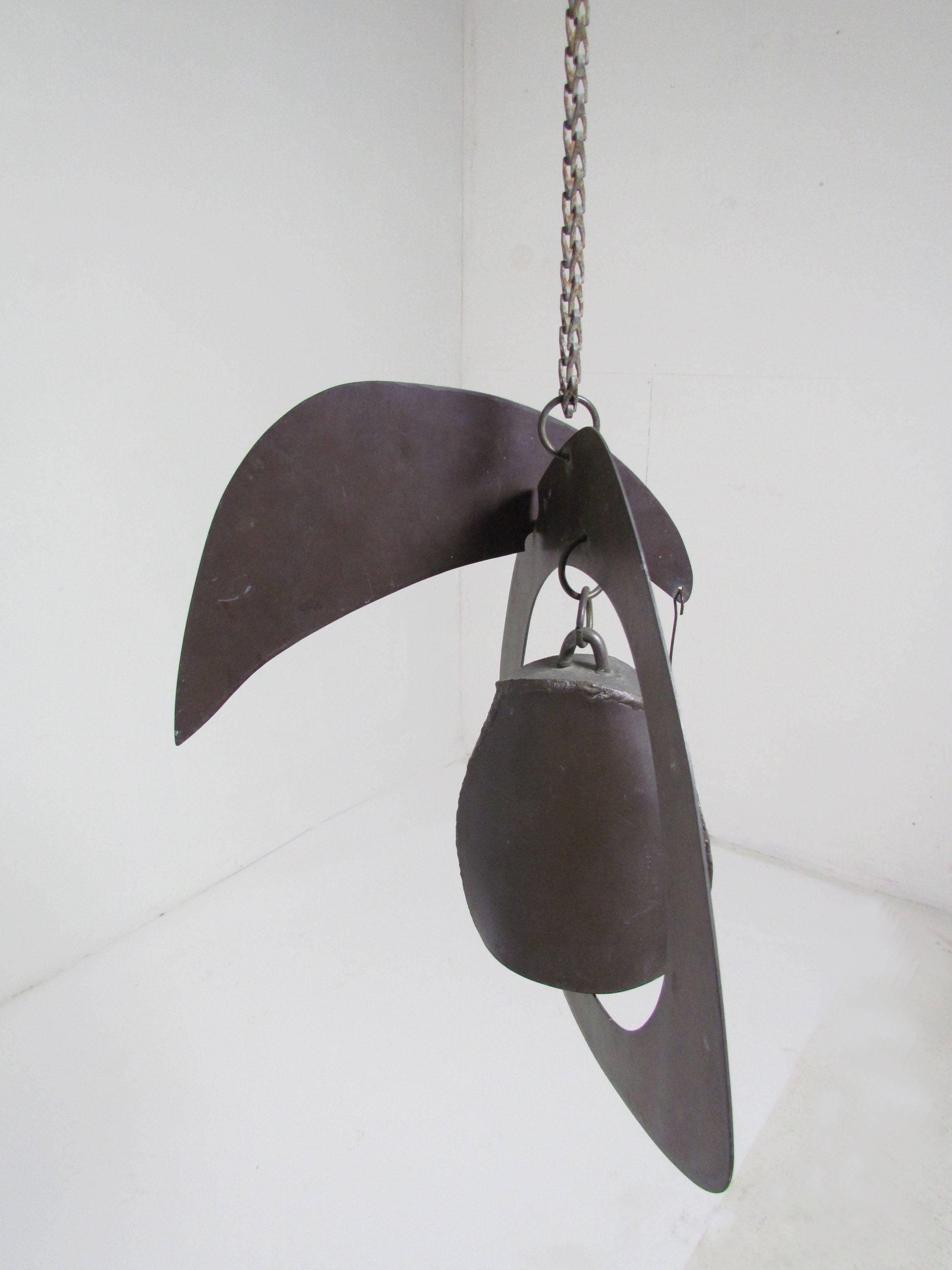 Mid-Century Modern Handmade Hanging Abstract Sculpture, Kinetic Wind Chime/Bell, circa 1970s