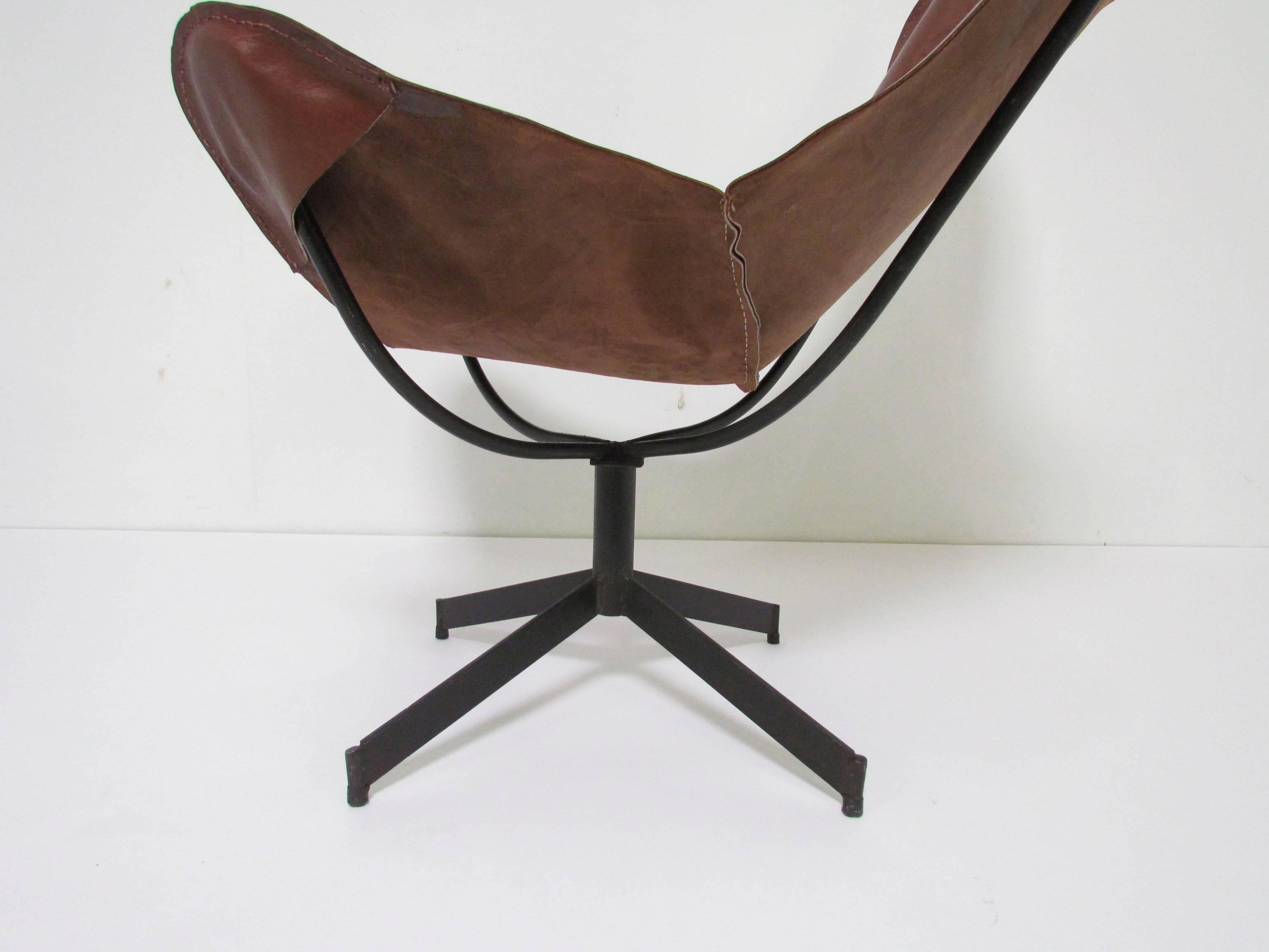 Steel Swivel Leather Sling Lounge Chair by Leathercrafter, New York, circa 1960s
