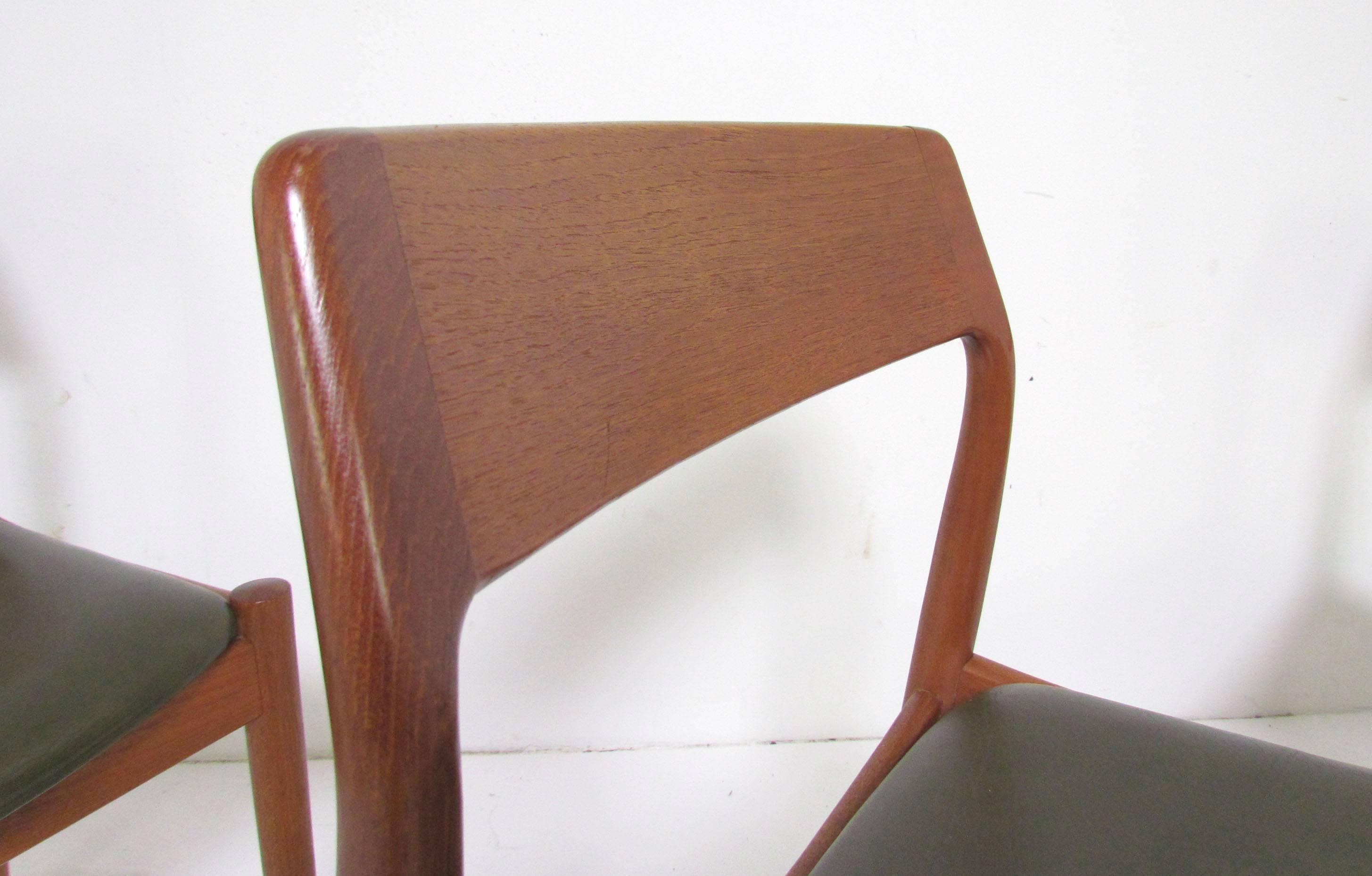Faux Leather Set of Six Danish Teak Dining Chairs with Carved Backs by Scantic Mobelvaerk