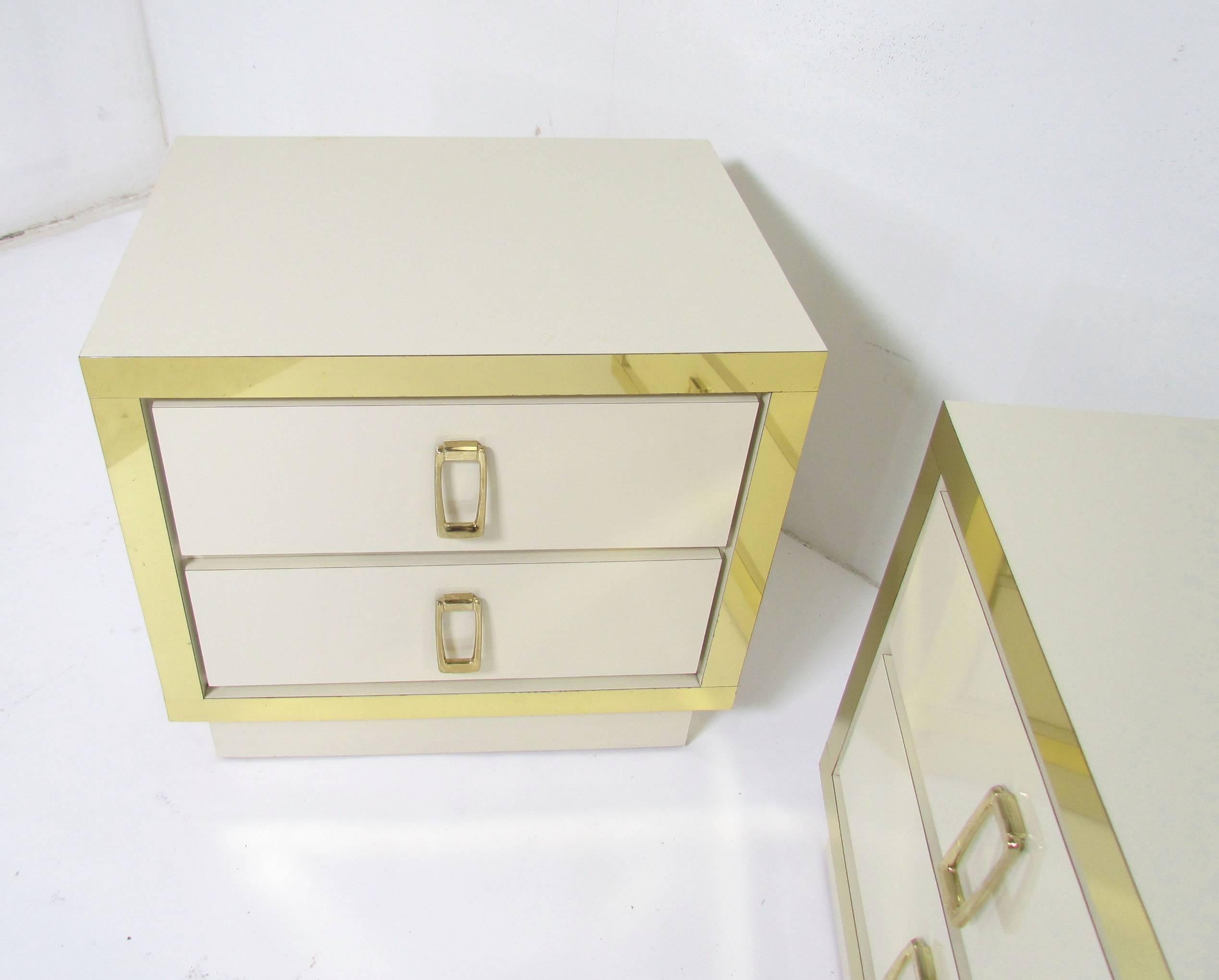 Pair of Hollywood Regency Style Nightstands with Brass Hardware 2