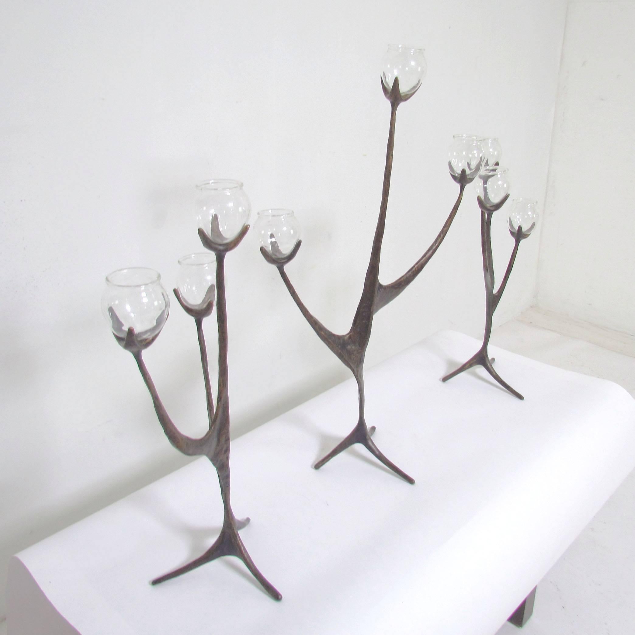 Mid-Century Modern Aharon Bezalel Bronze Sculpture Menorah Candelabra in Three Parts, circa 1970s