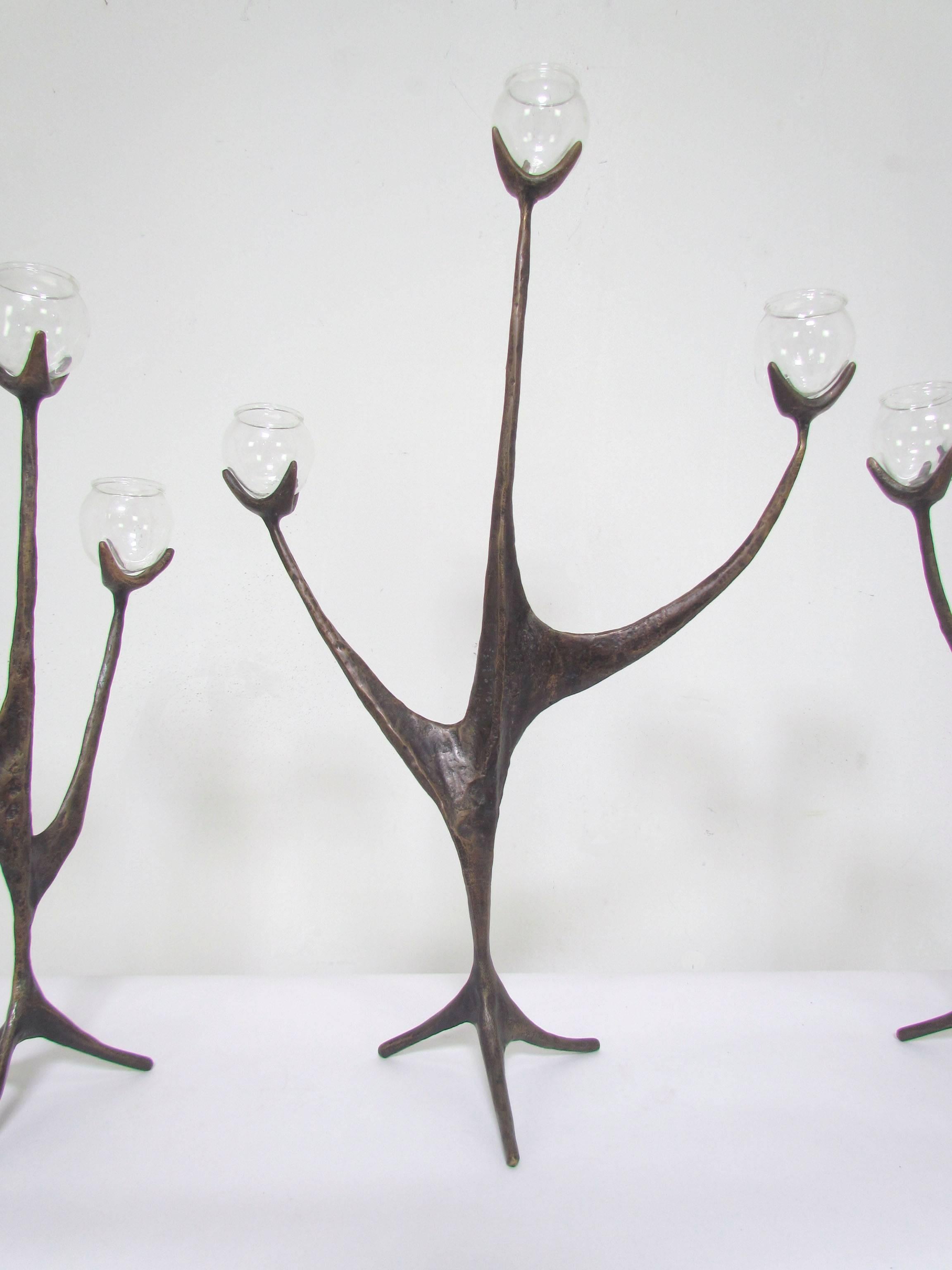 Aharon Bezalel Bronze Sculpture Menorah Candelabra in Three Parts, circa 1970s In Excellent Condition In Peabody, MA