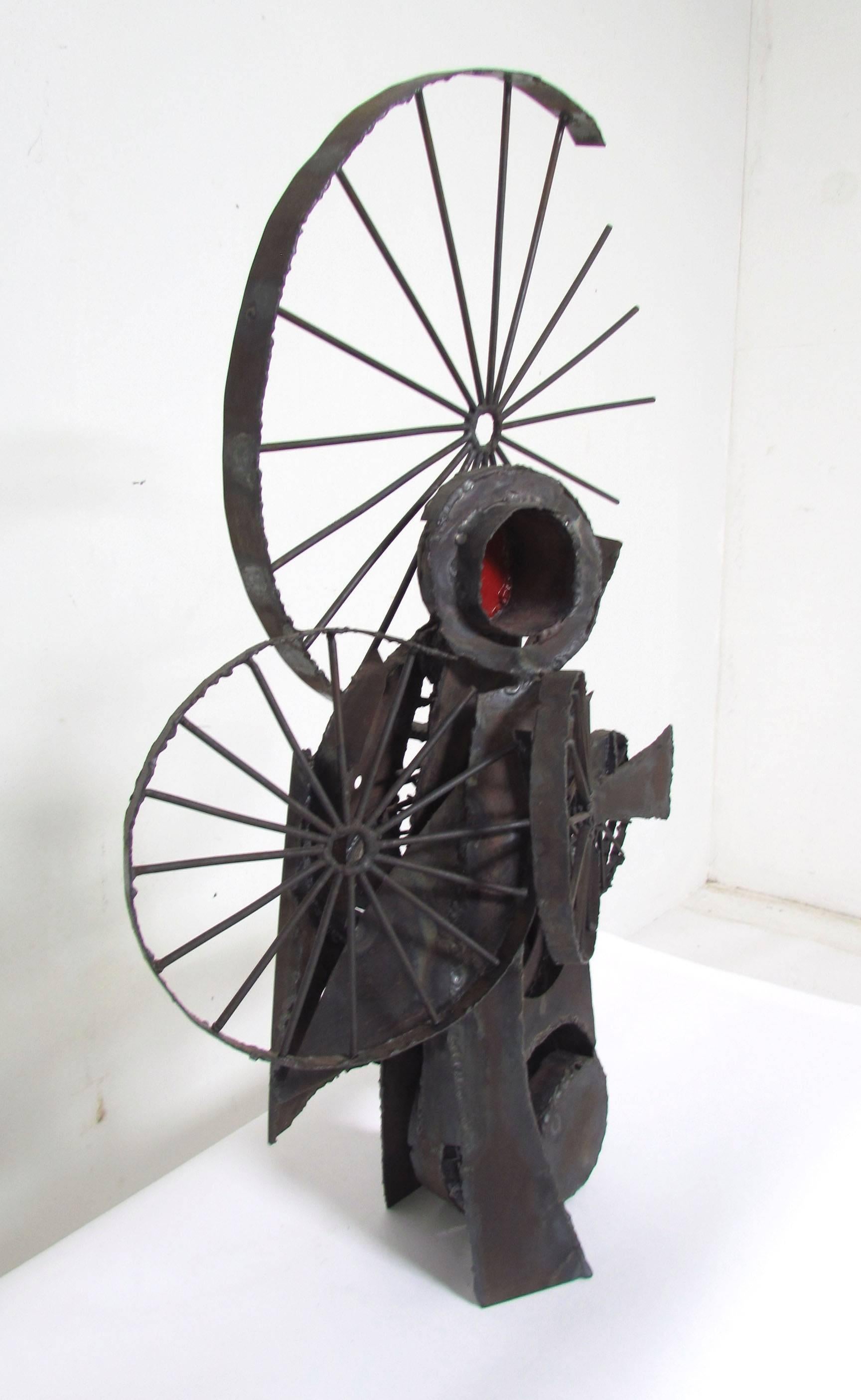 Large tabletop abstract Brutalist steel sculpture, circa 1960s, with spoked elements reminiscent of the machine sculptures of Jean Tinguely or Arthur Ganson.