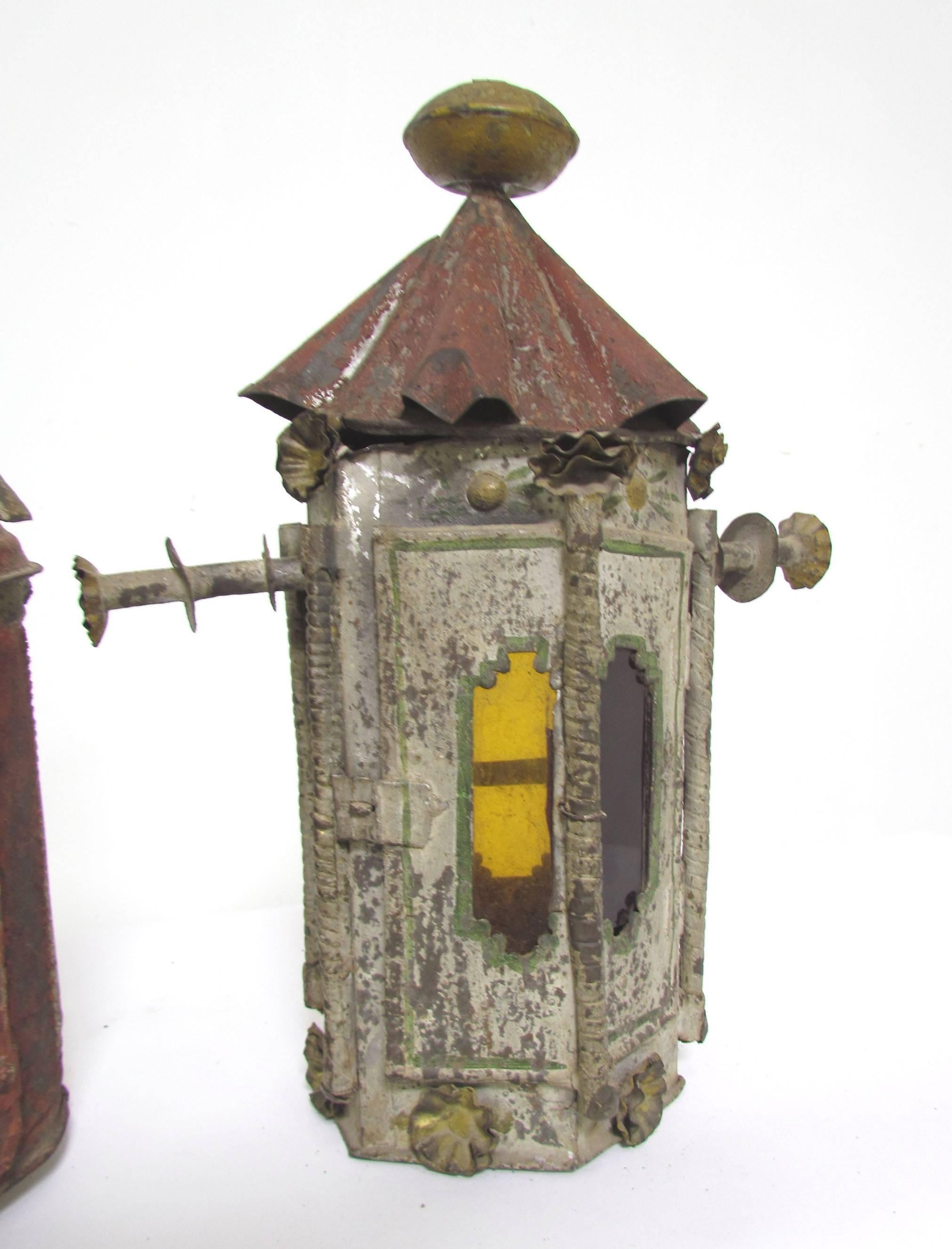 Antique Mexican Tin Folk Art Polychrome Lanterns In Distressed Condition In Peabody, MA