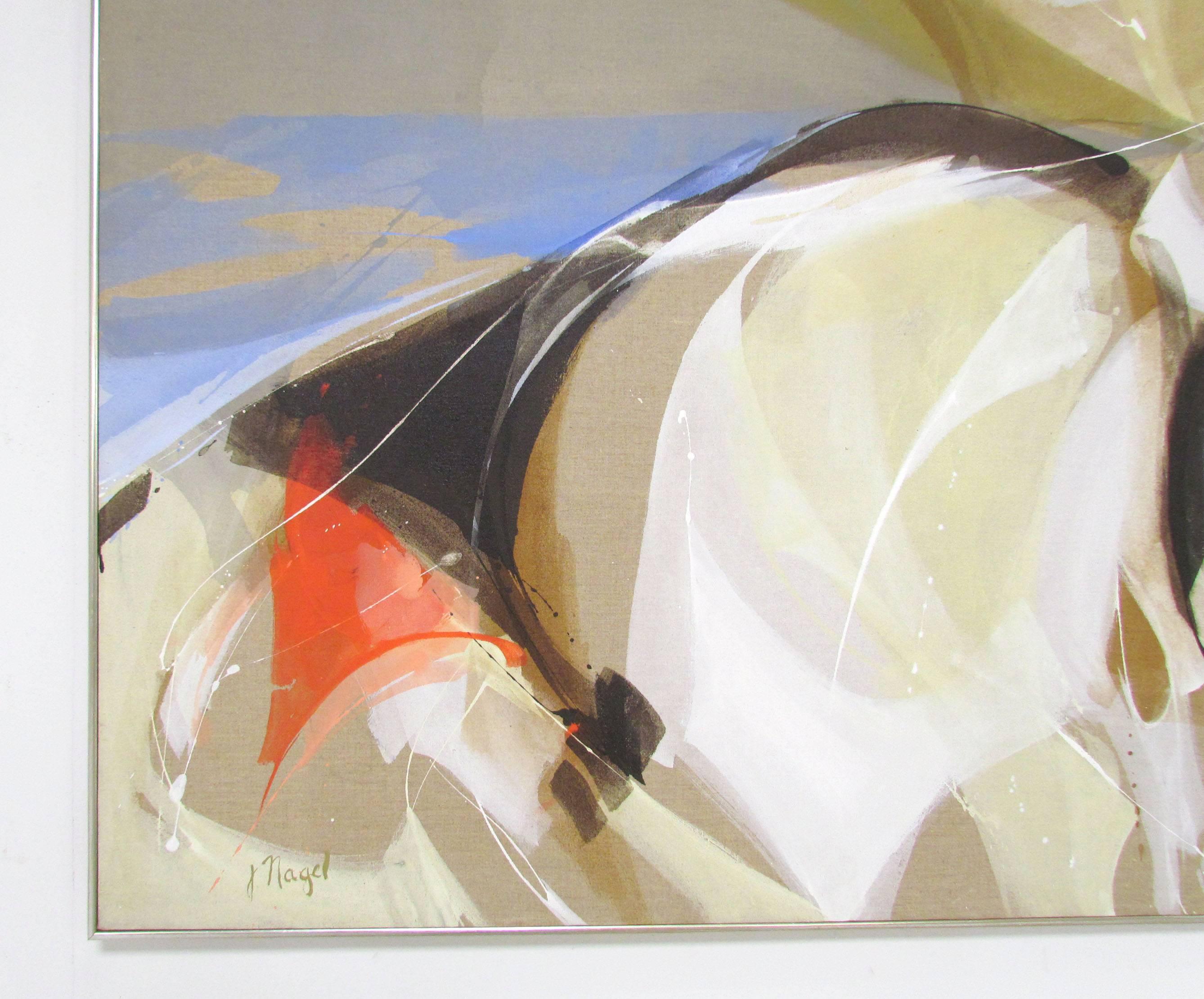 American Large Abstract Painting Signed J. Nagel, circa 1970s