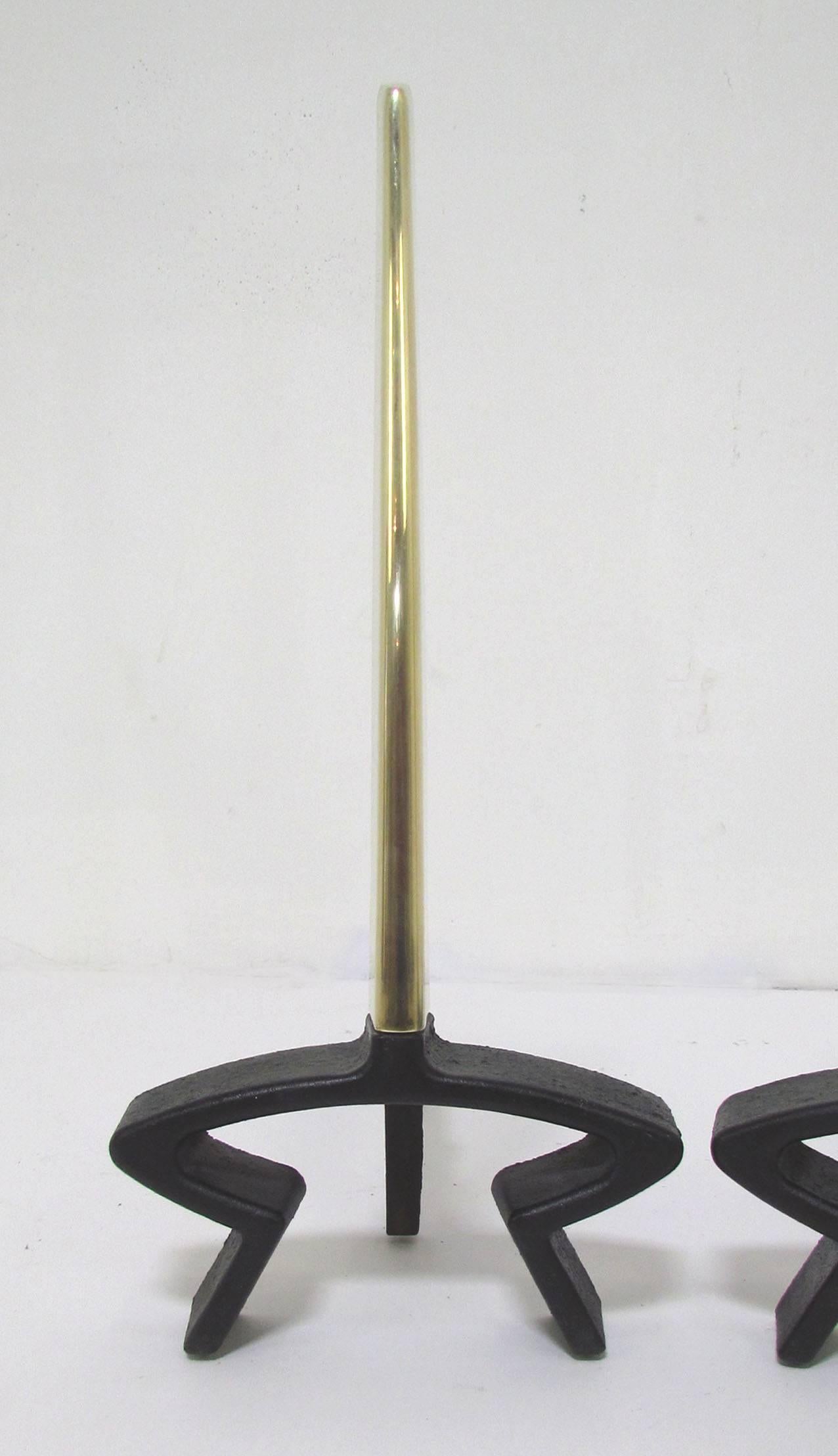 Mid-Century Modern Modernist Donald Deskey Andirons for Bennett in Brass and Forged Iron