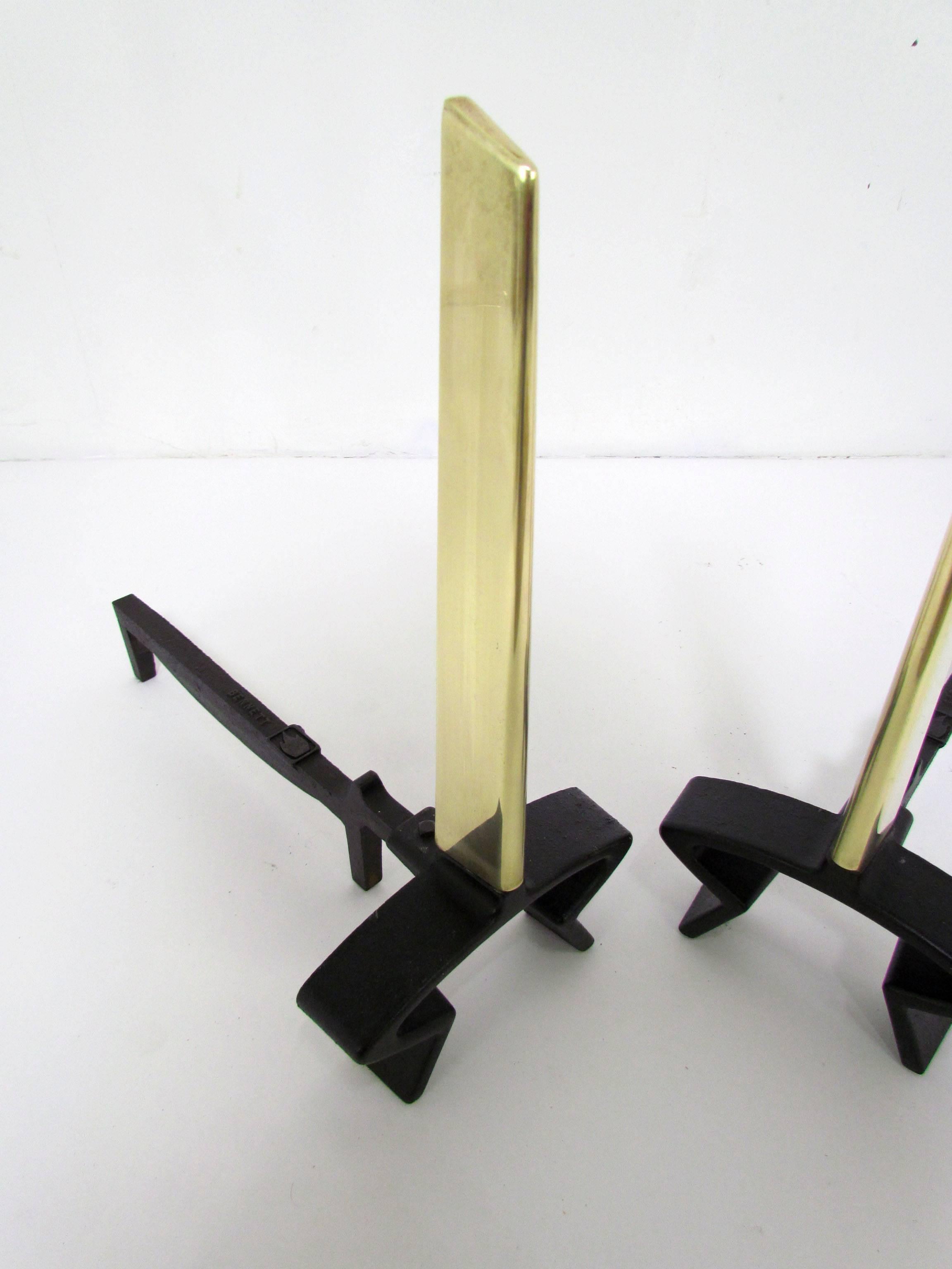 American Modernist Donald Deskey Andirons for Bennett in Brass and Forged Iron