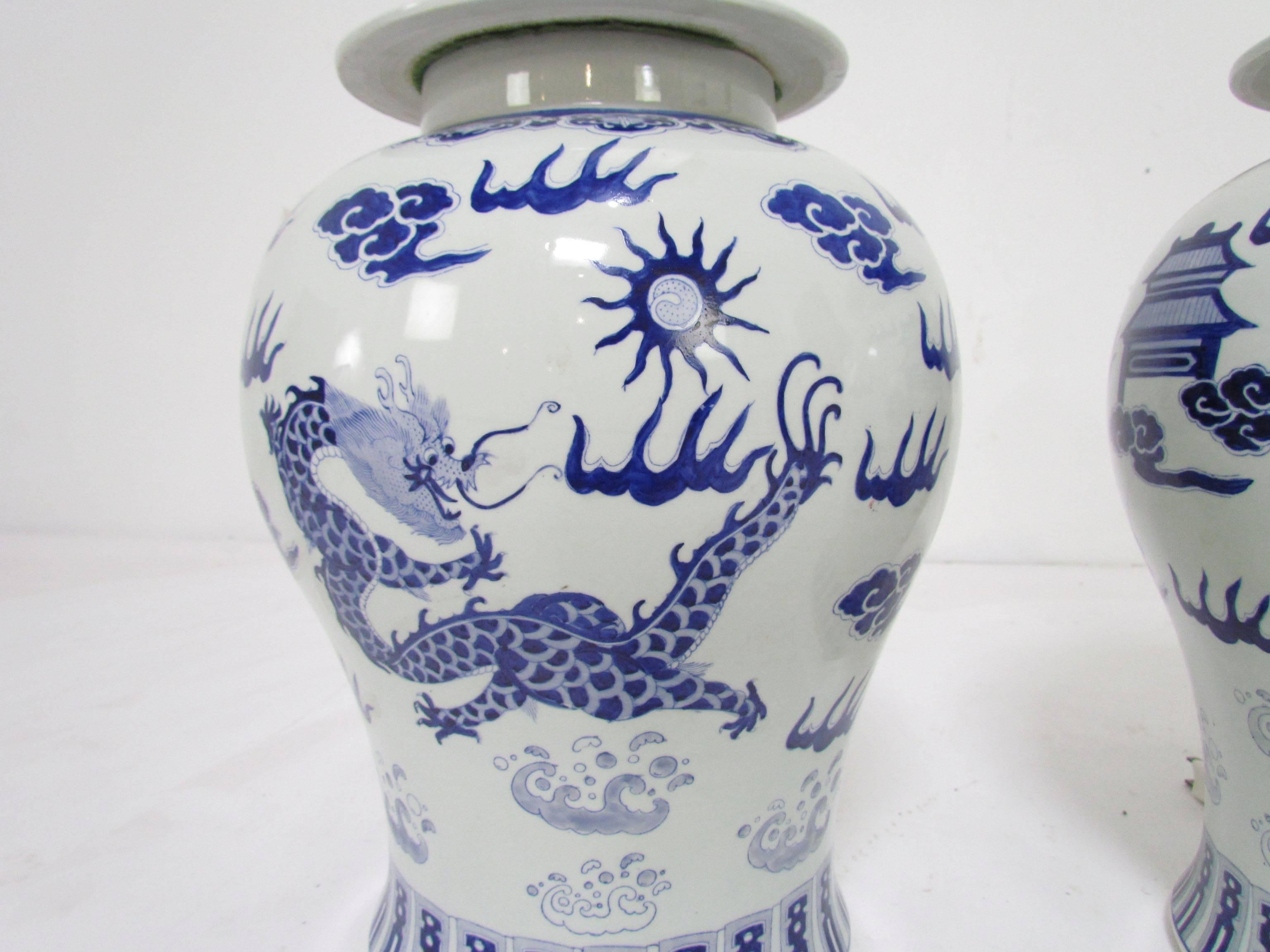Chinoiserie Pair of Blue and White Ginger Jar Lamps with Dragon Motif