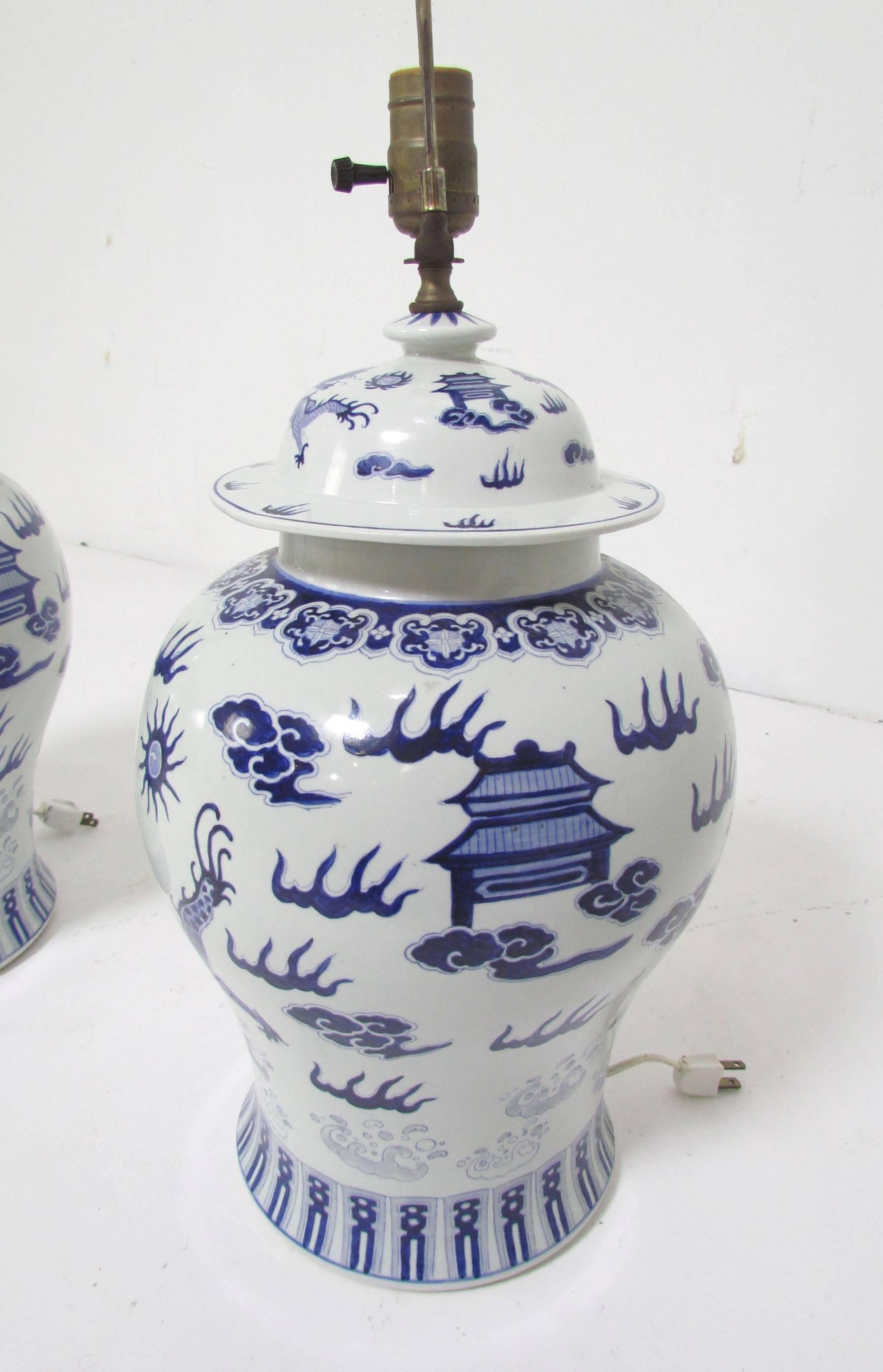 20th Century Pair of Blue and White Ginger Jar Lamps with Dragon Motif