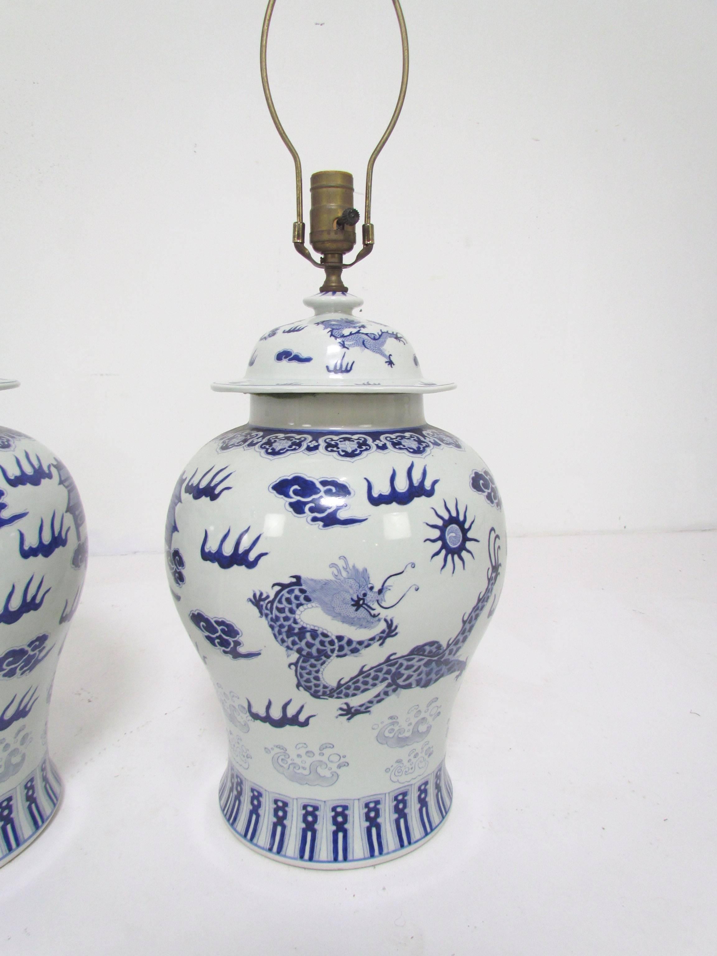 American Pair of Blue and White Ginger Jar Lamps with Dragon Motif