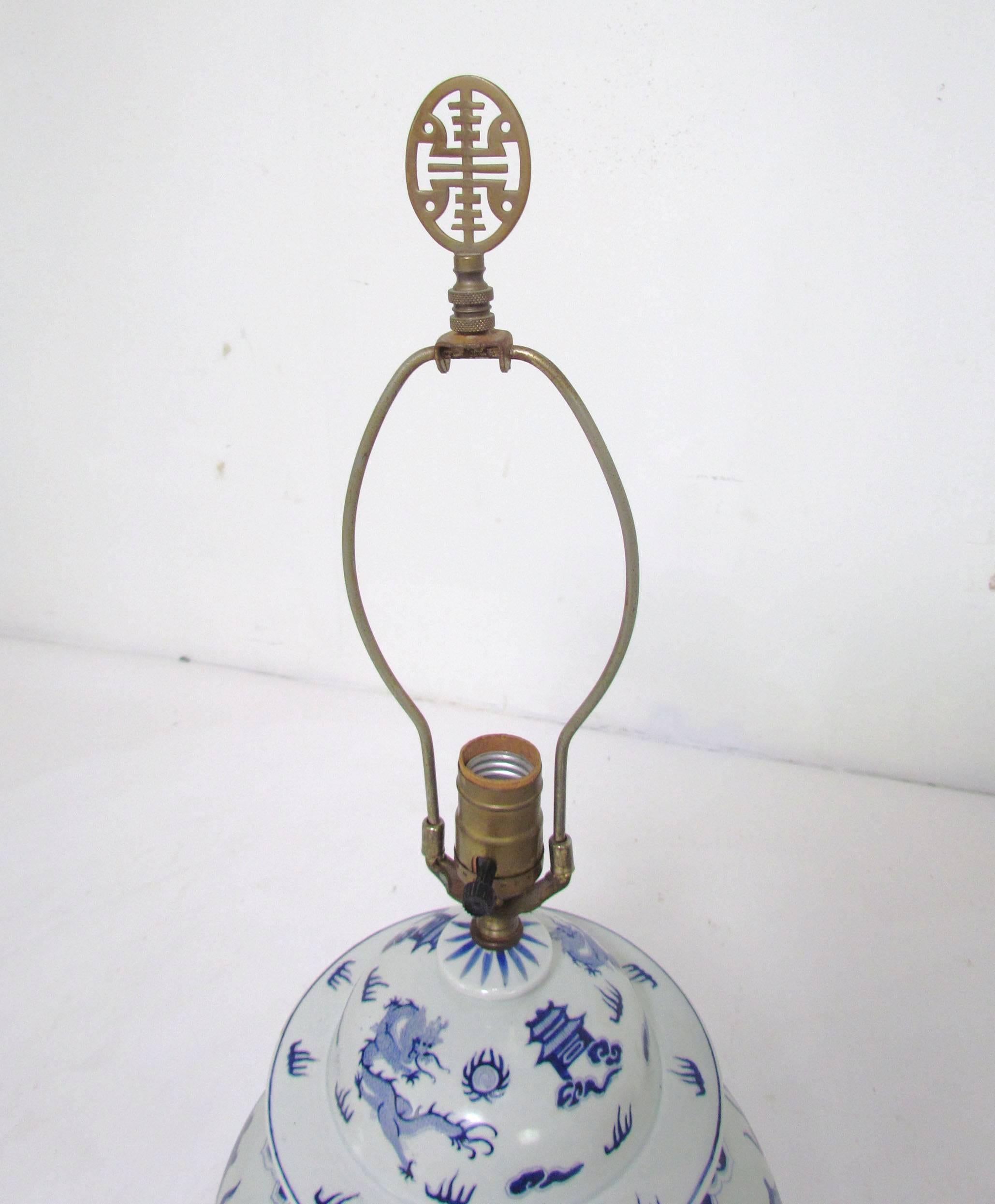 Pair of Blue and White Ginger Jar Lamps with Dragon Motif 1