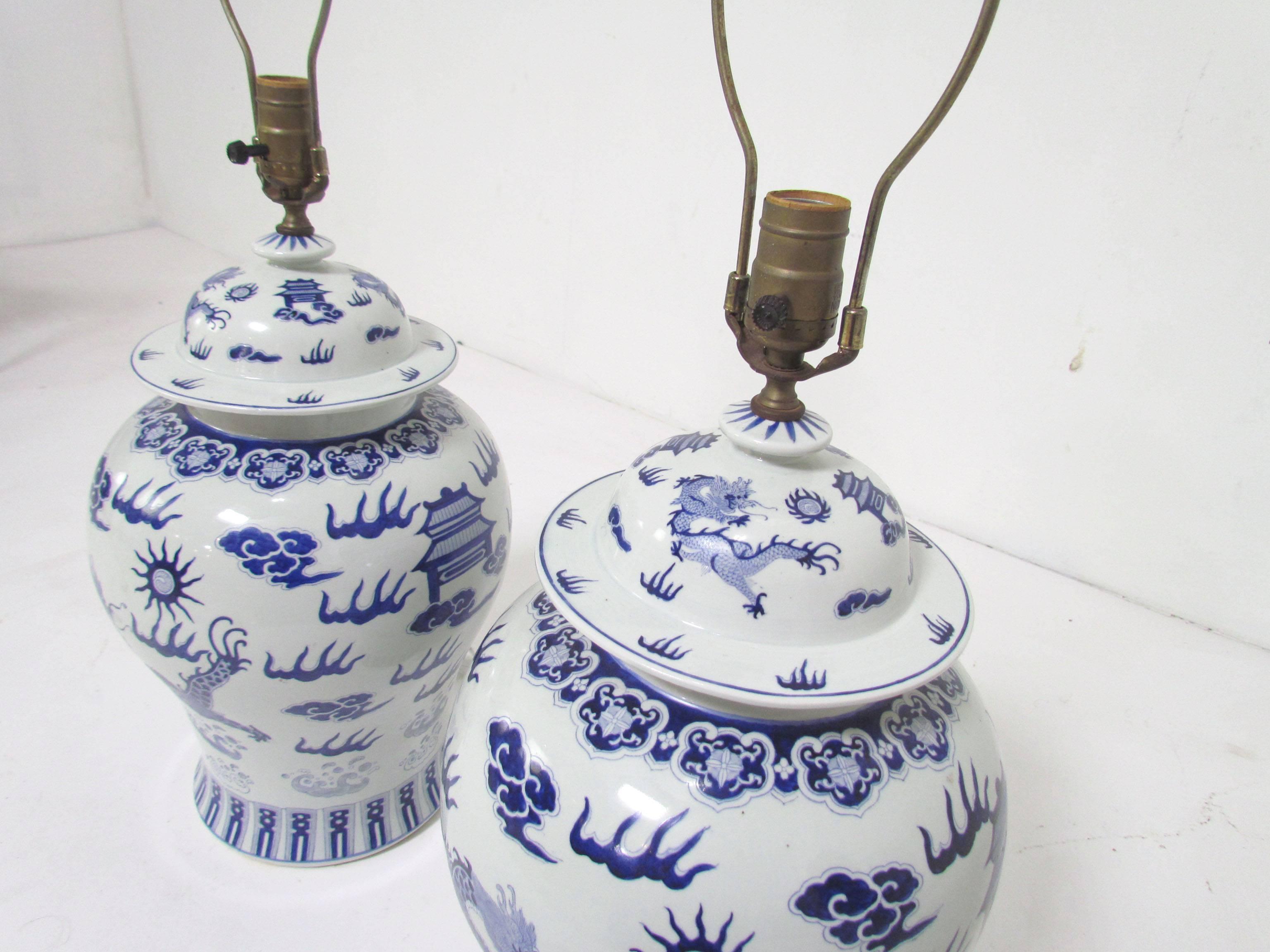 Porcelain Pair of Blue and White Ginger Jar Lamps with Dragon Motif