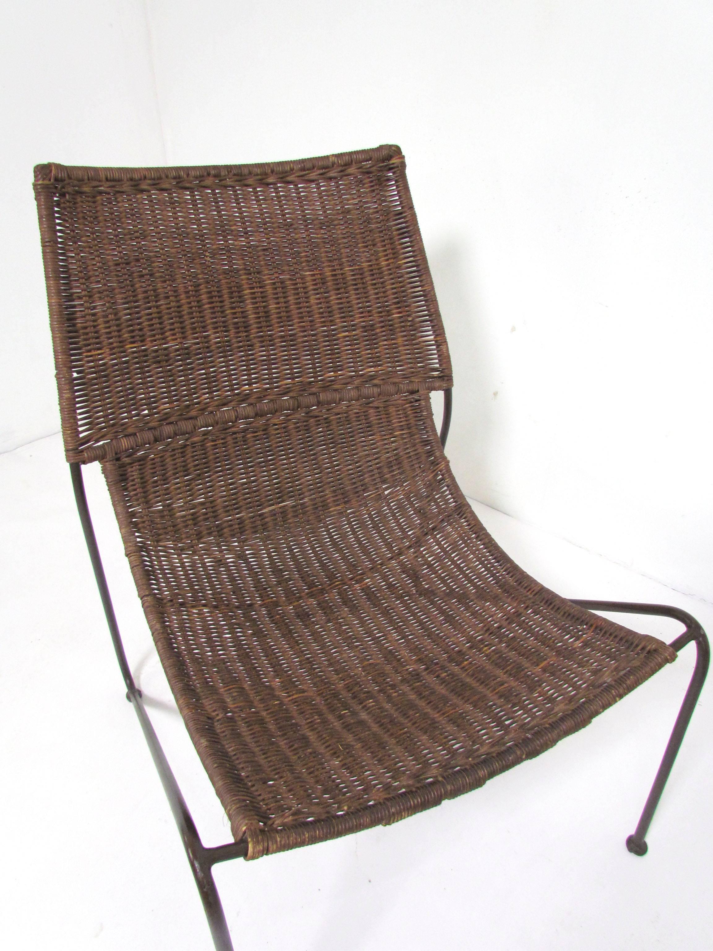 Metal Pair of Scoop Form Wicker Lounge Chairs in the Manner of Van Keppel and Green