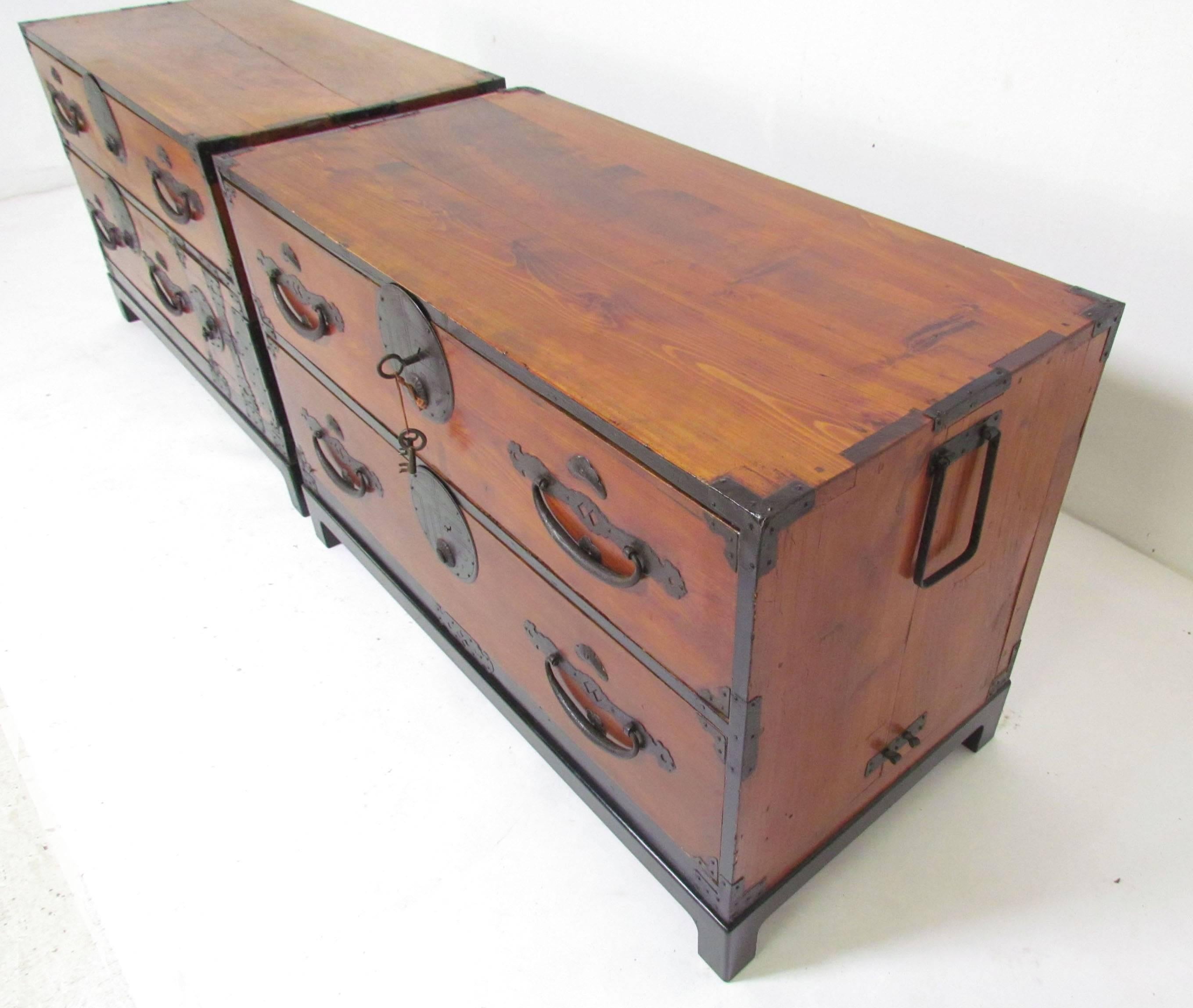 19th Century Pair of Antique Meiji Period Japanese Tansu Low Chests