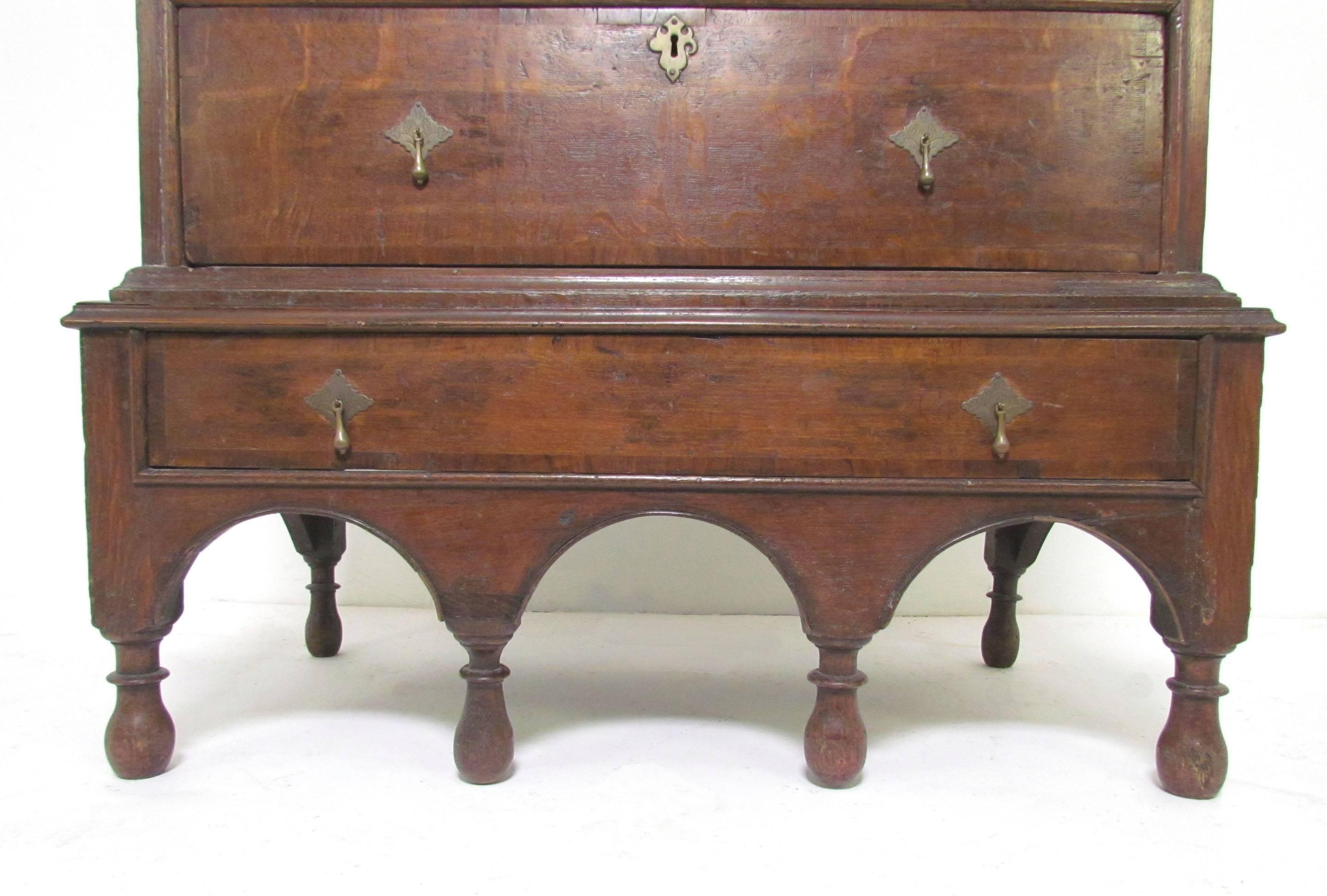 Brass William and Mary Oak and Walnut Chest on Stand