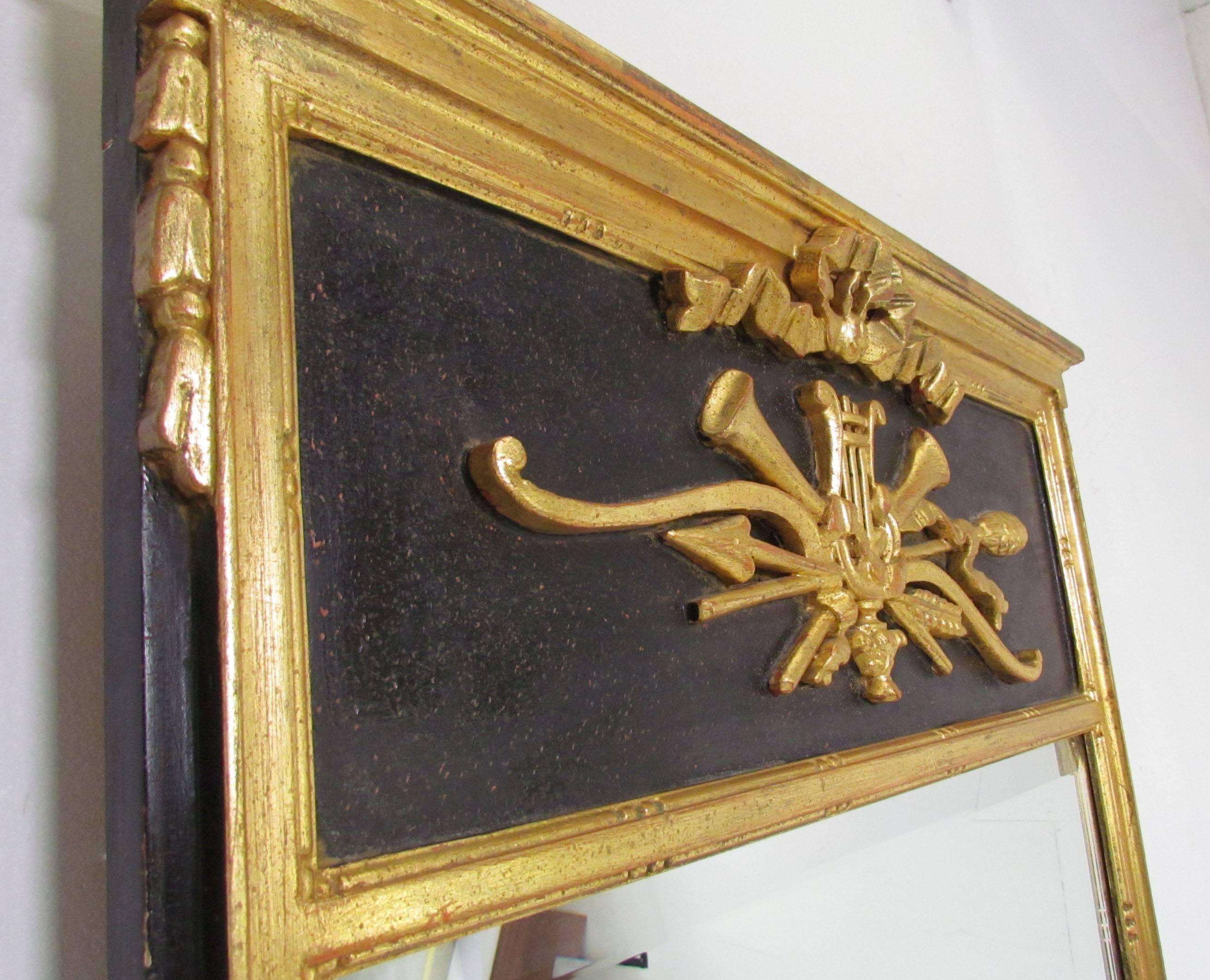 Beveled Italian Neoclassical Style Giltwood and Black Wall Mirror, circa 1970s