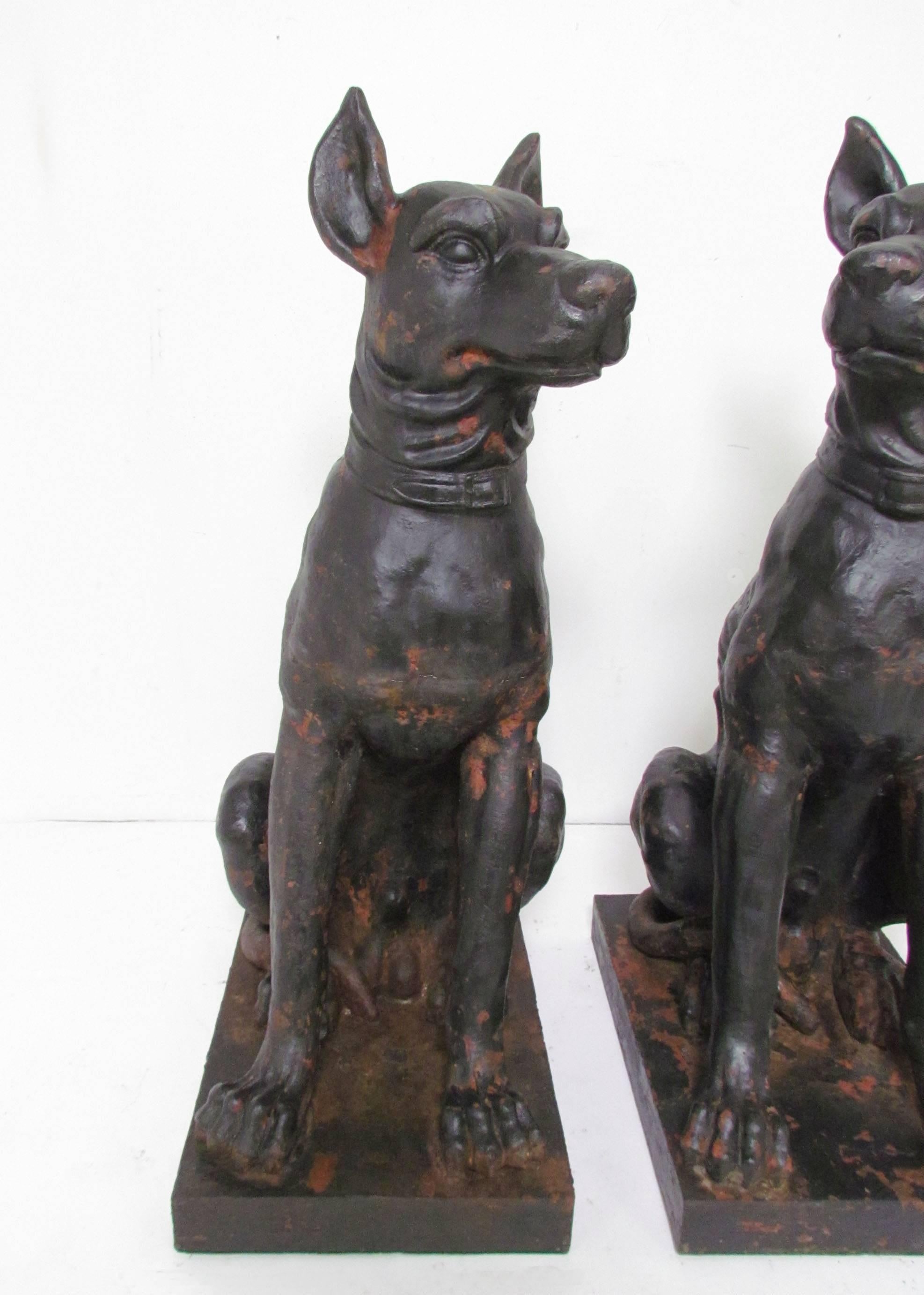 Pair of Lifesize Antique 19th Century French Cast Iron Guard Dogs In Good Condition In Peabody, MA