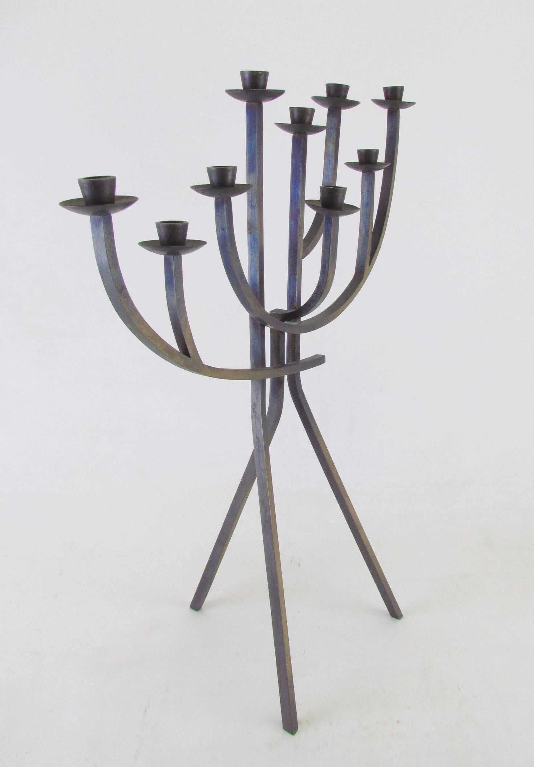 Mid-Century Modern Bronze Menorah in the Manner of Ludwig Wolpert In Good Condition In Peabody, MA