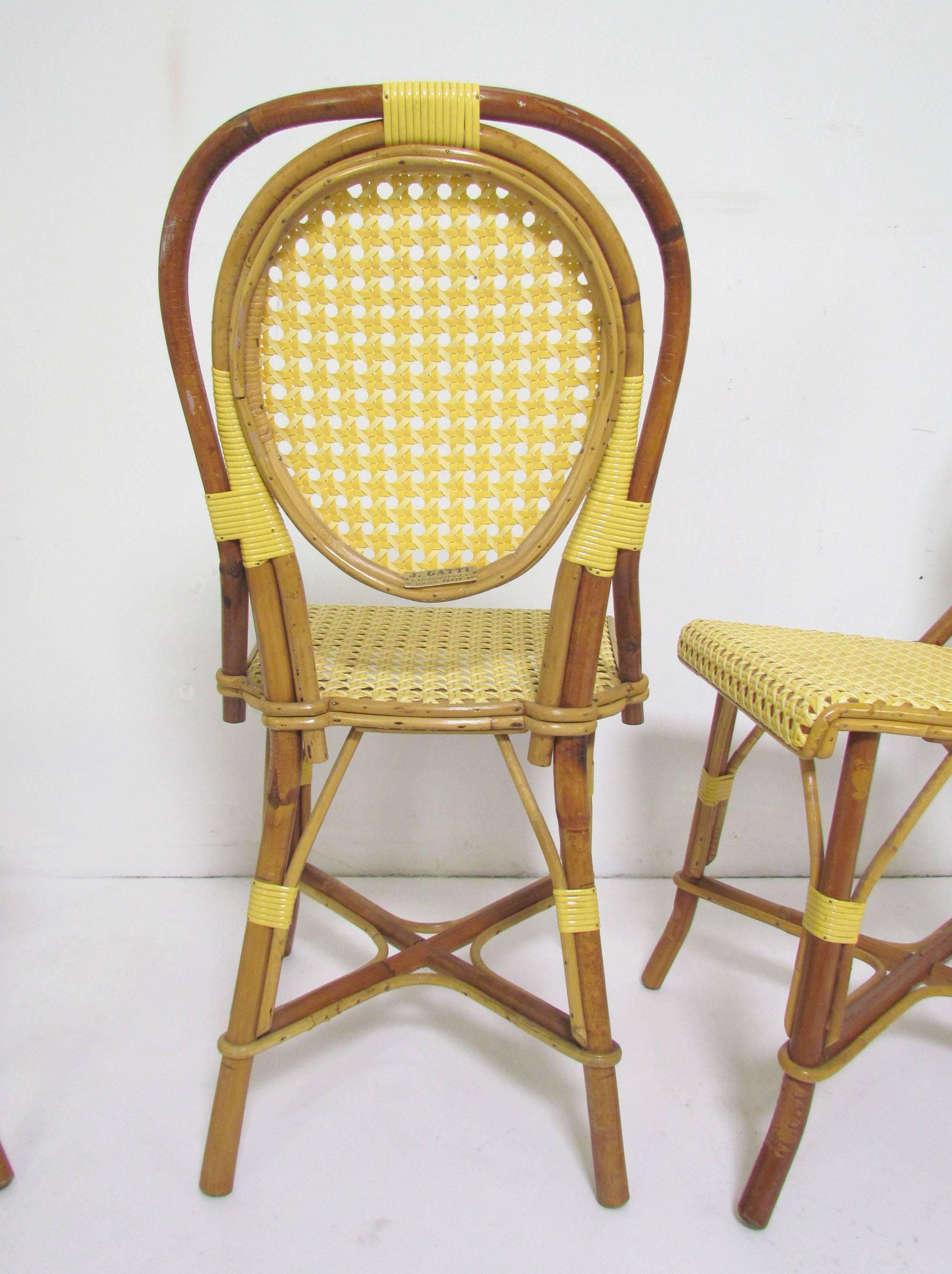 Hollywood Regency Set of Four Vintage J. Gatti French Handmade Bistro Dining Chairs, Bamboo & Cane