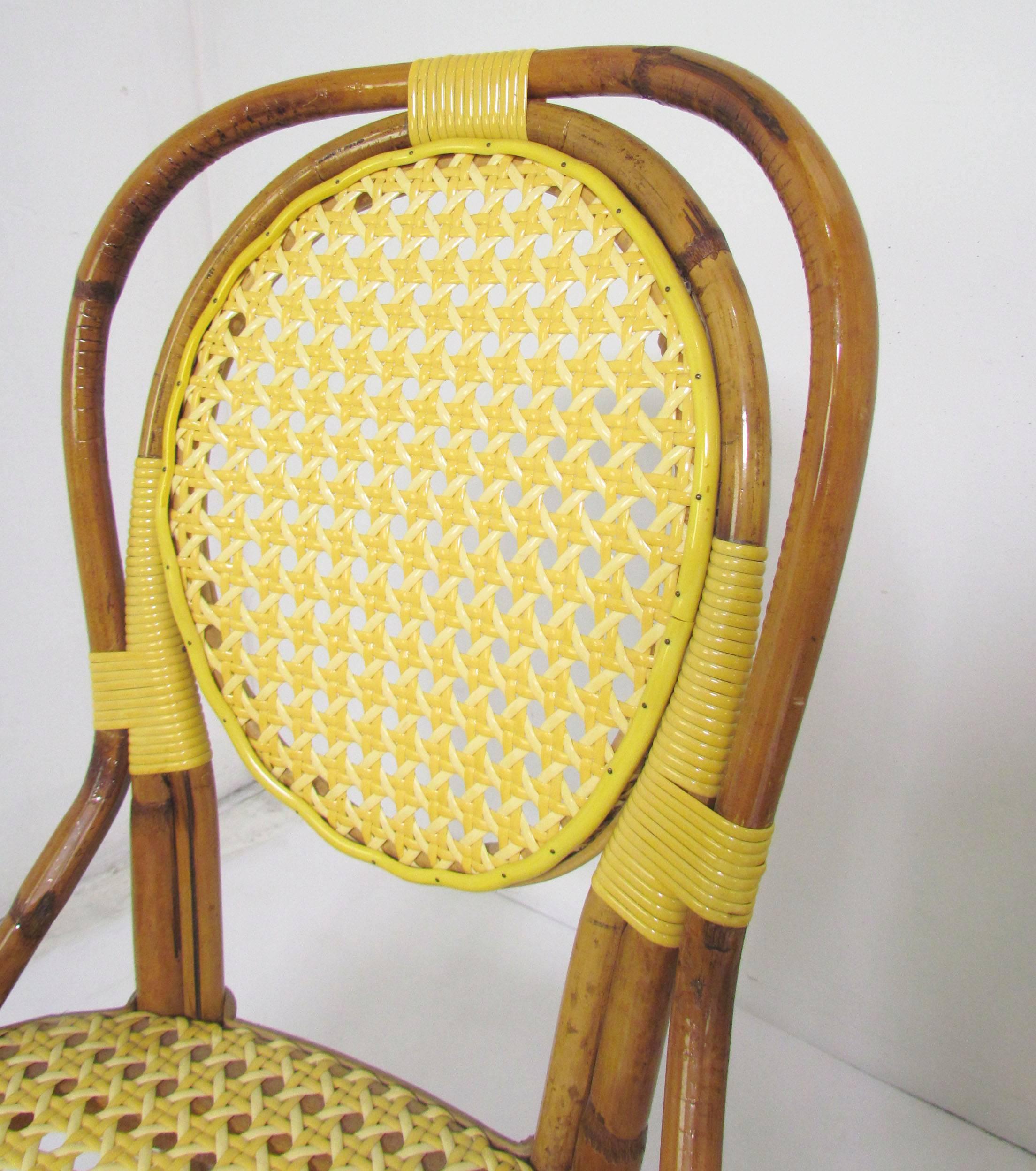 Set of Four Vintage J. Gatti French Handmade Bistro Dining Chairs, Bamboo & Cane In Excellent Condition In Peabody, MA