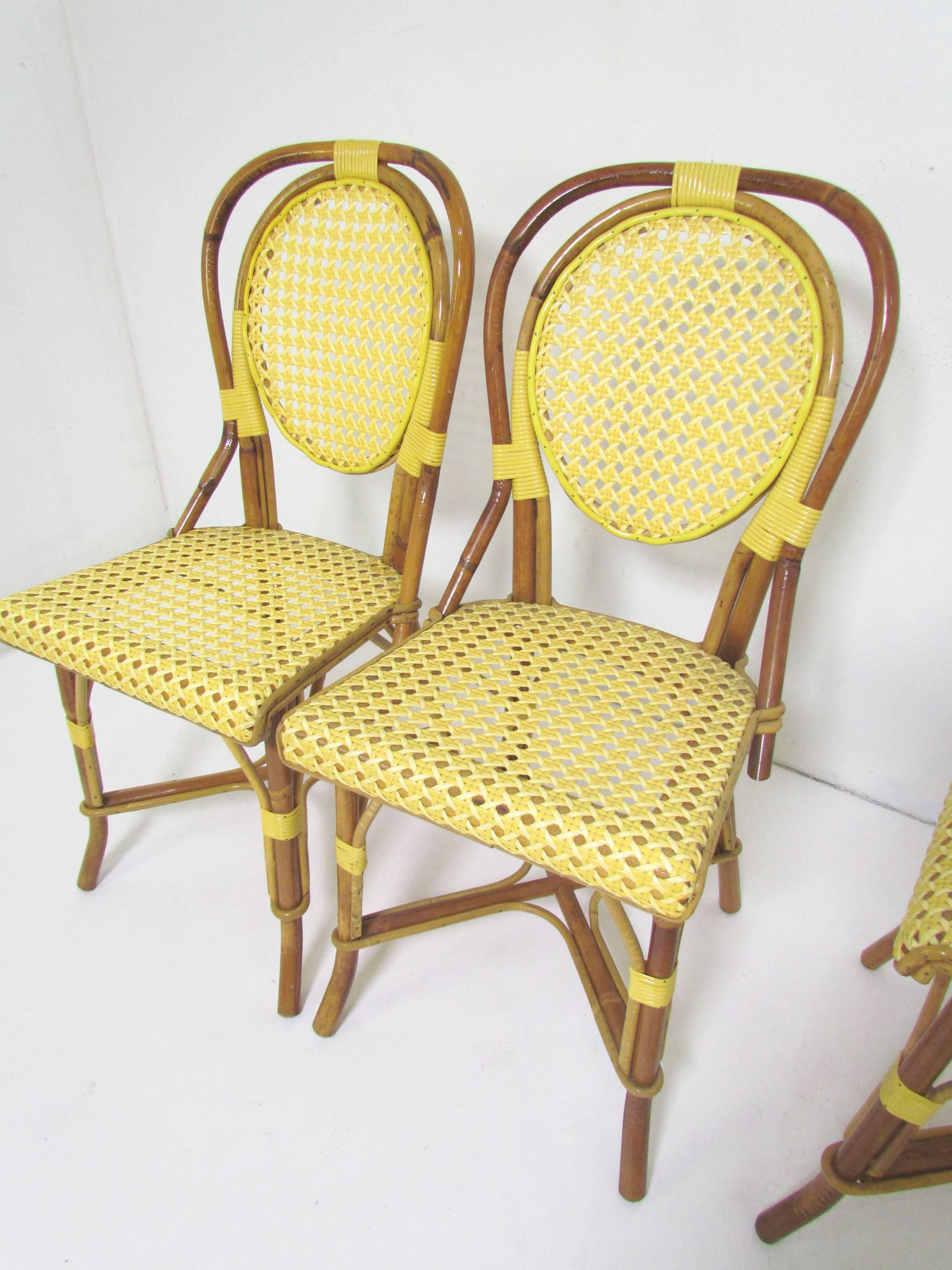 20th Century Set of Four Vintage J. Gatti French Handmade Bistro Dining Chairs, Bamboo & Cane